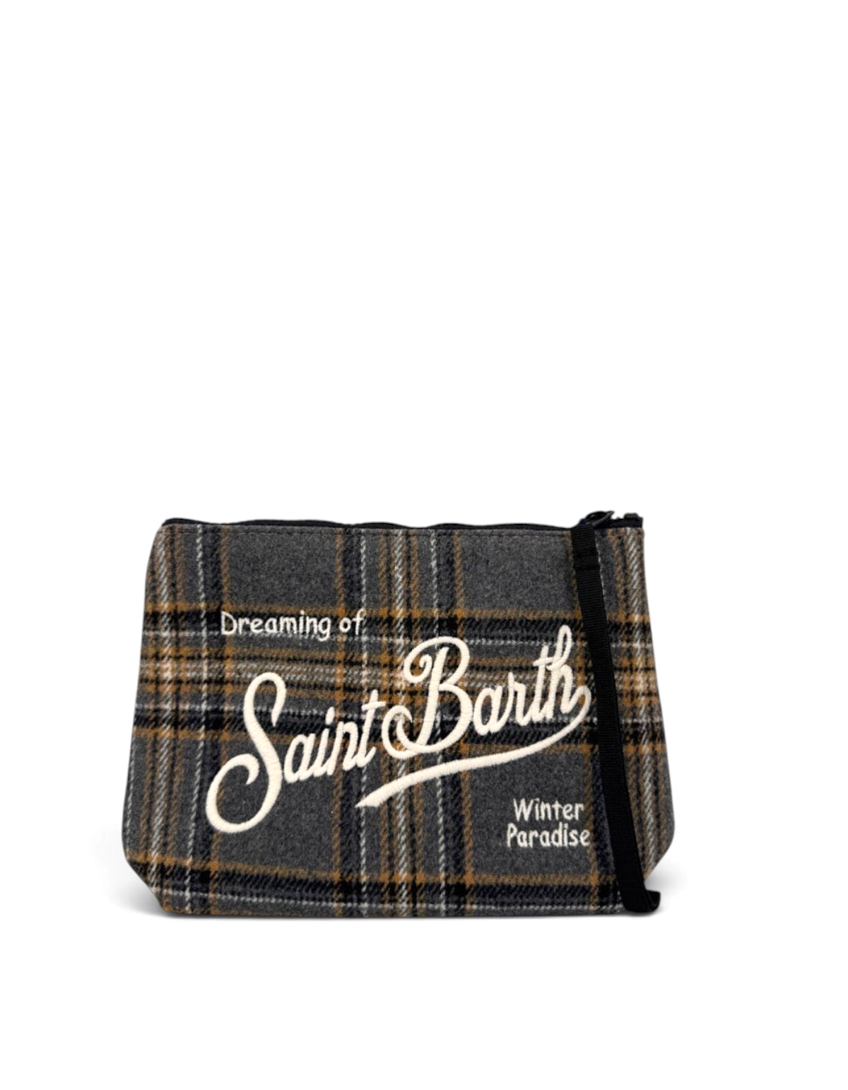 Pochette DevidLabel Aline in lana tartan grigia e marrone con logo Saint Barth ricamato e chiusura a zip