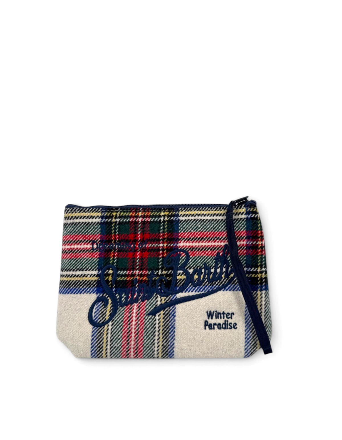 Pochette DevidLabel Aline in lana con motivo tartan multicolore, chiusura a zip e ricamo Saint Barth Winter Paradise