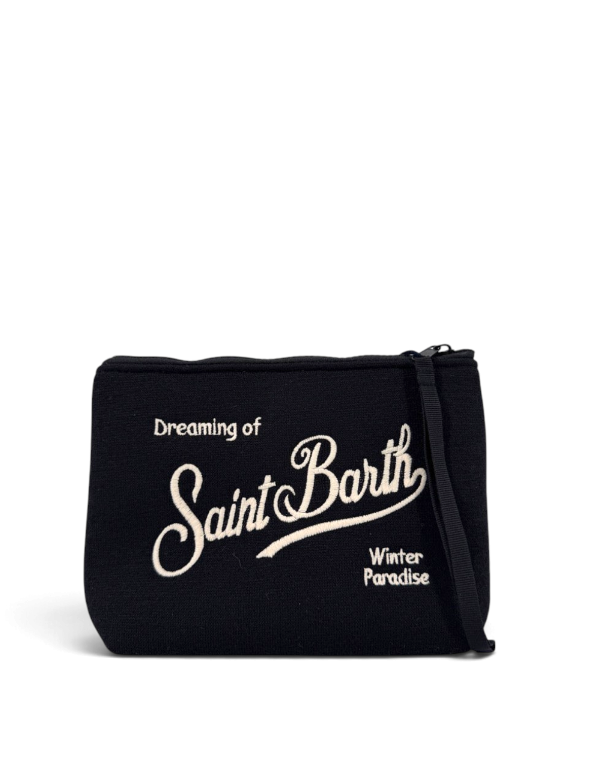 Pochette DevidLabel Aline Wool nera con ricamo bianco Saint Barth e chiusura a zip