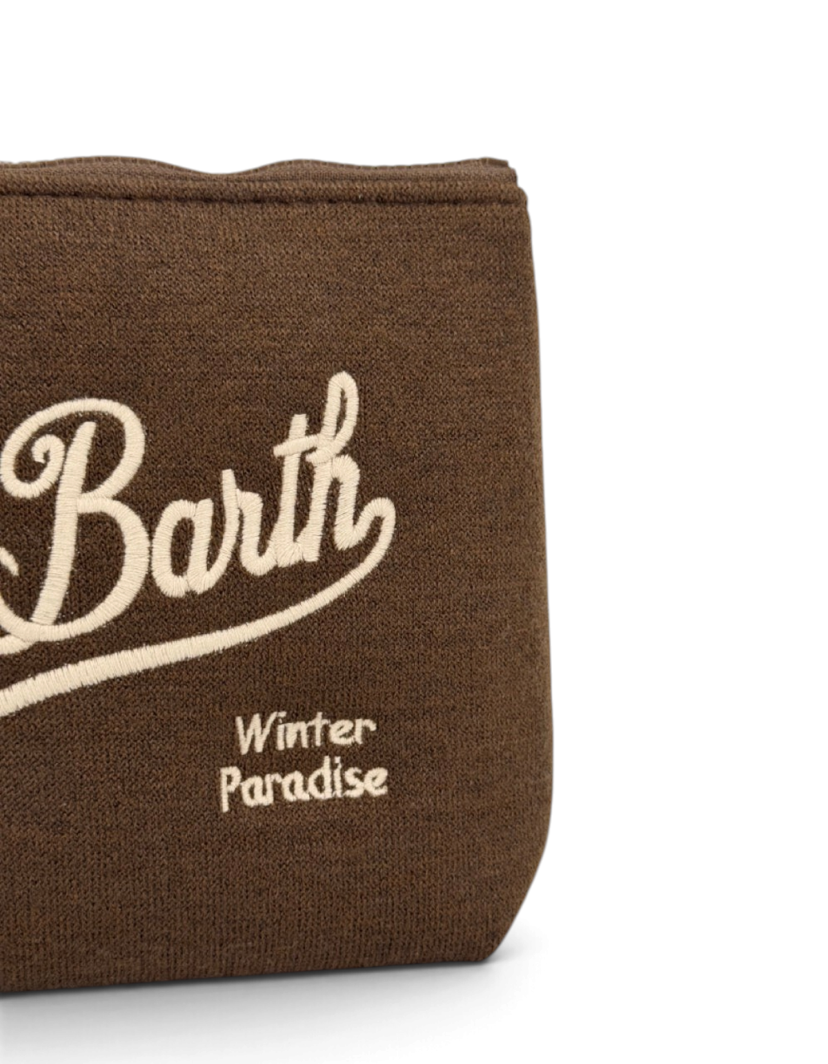 Pochette DevidLabel Aline Wool marrone in lana con ricamo bianco Winter Paradise e logo Saint Barth