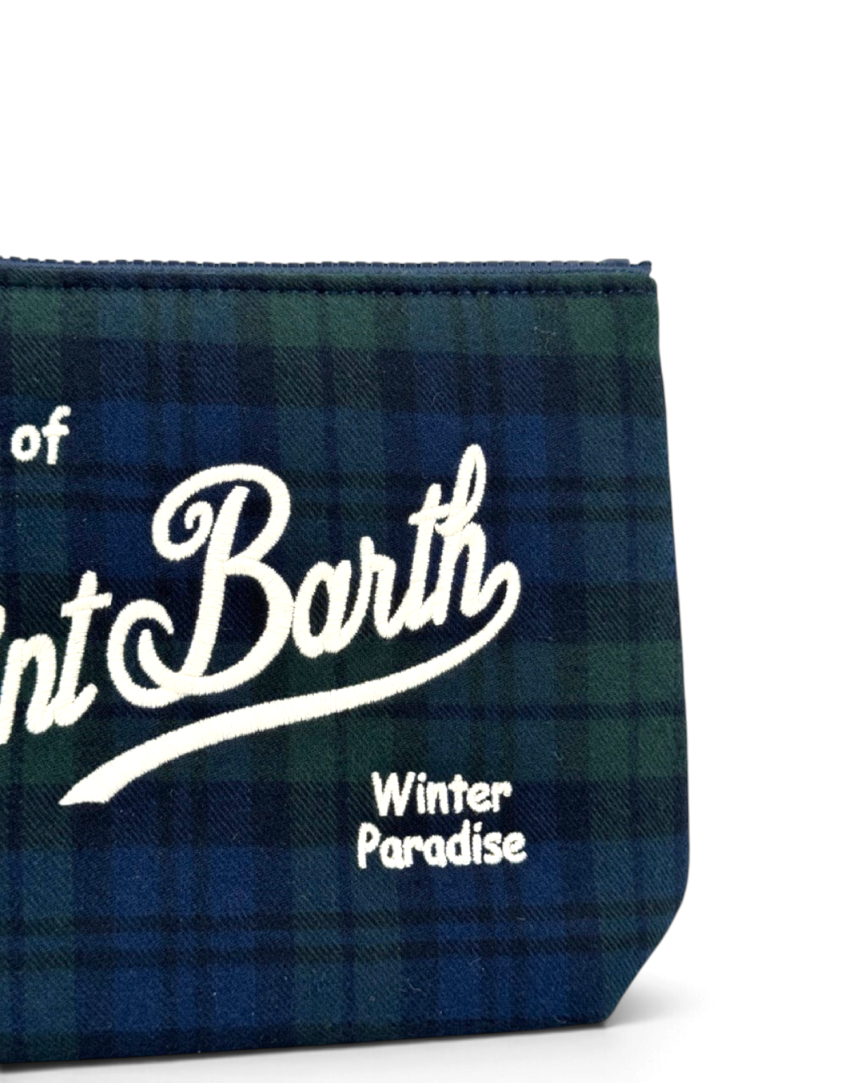 Pochette DevidLabel Aline in lana tartan blu e verde con ricamo bianco Saint Barth Winter Paradise