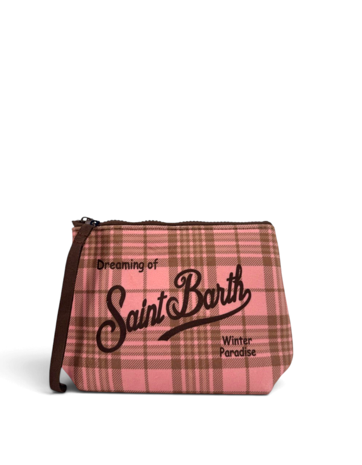 Pochette DevidLabel Aline W con motivo tartan rosa e marrone, chiusura a zip e logo Saint Barth frontale