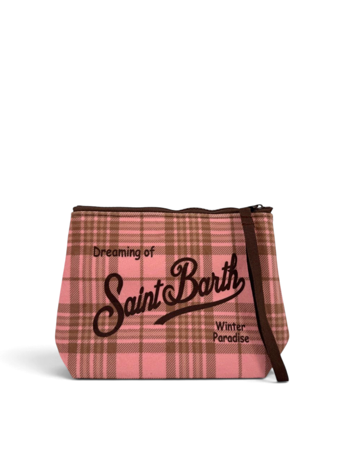 Pochette DevidLabel Aline W con motivo tartan rosa e marrone, chiusura a zip e logo Saint Barth frontale.
