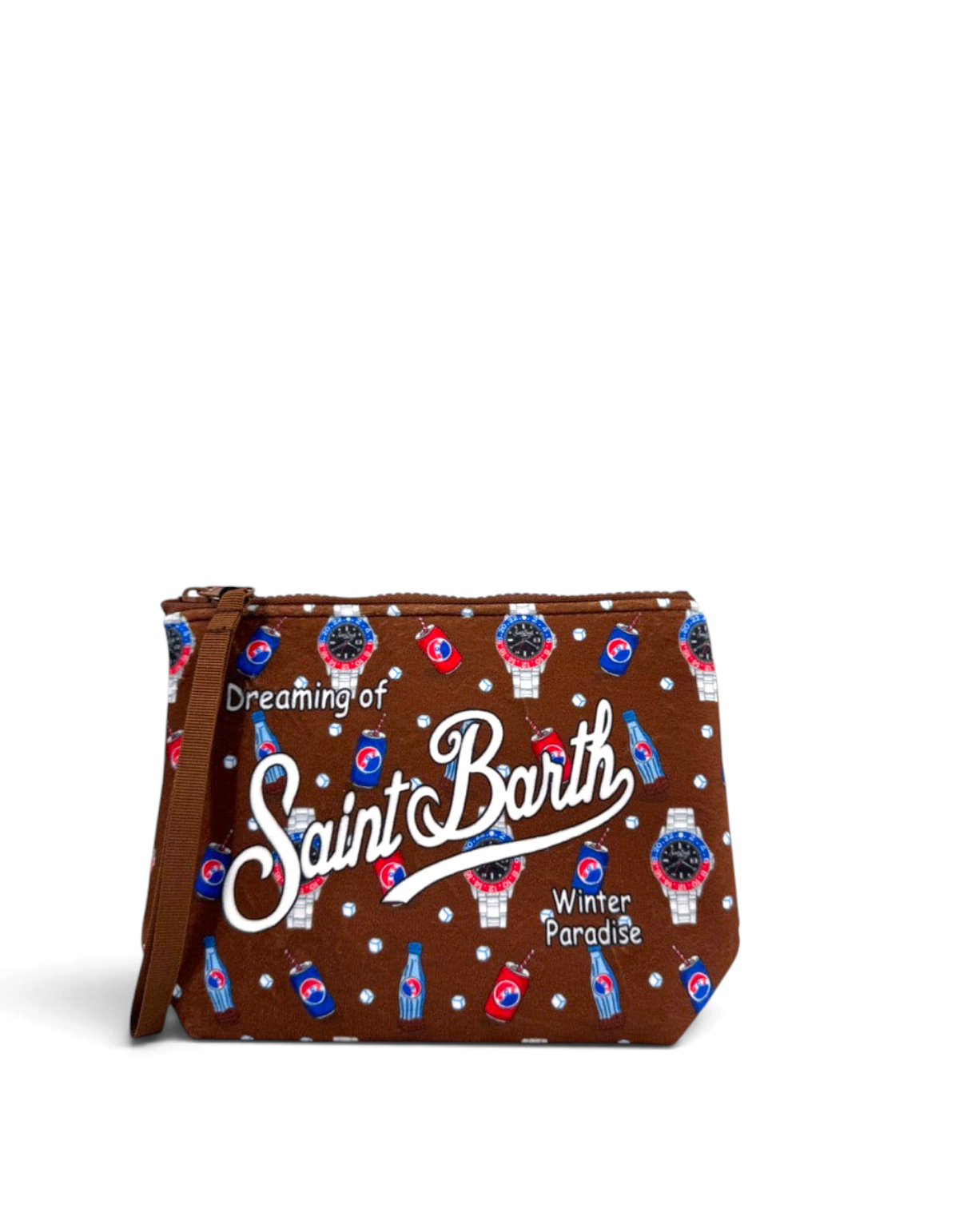 Pochette DevidLabel Aline W marrone con stampa grafica Watch Break 18, chiusura a zip e logo Saint Barth