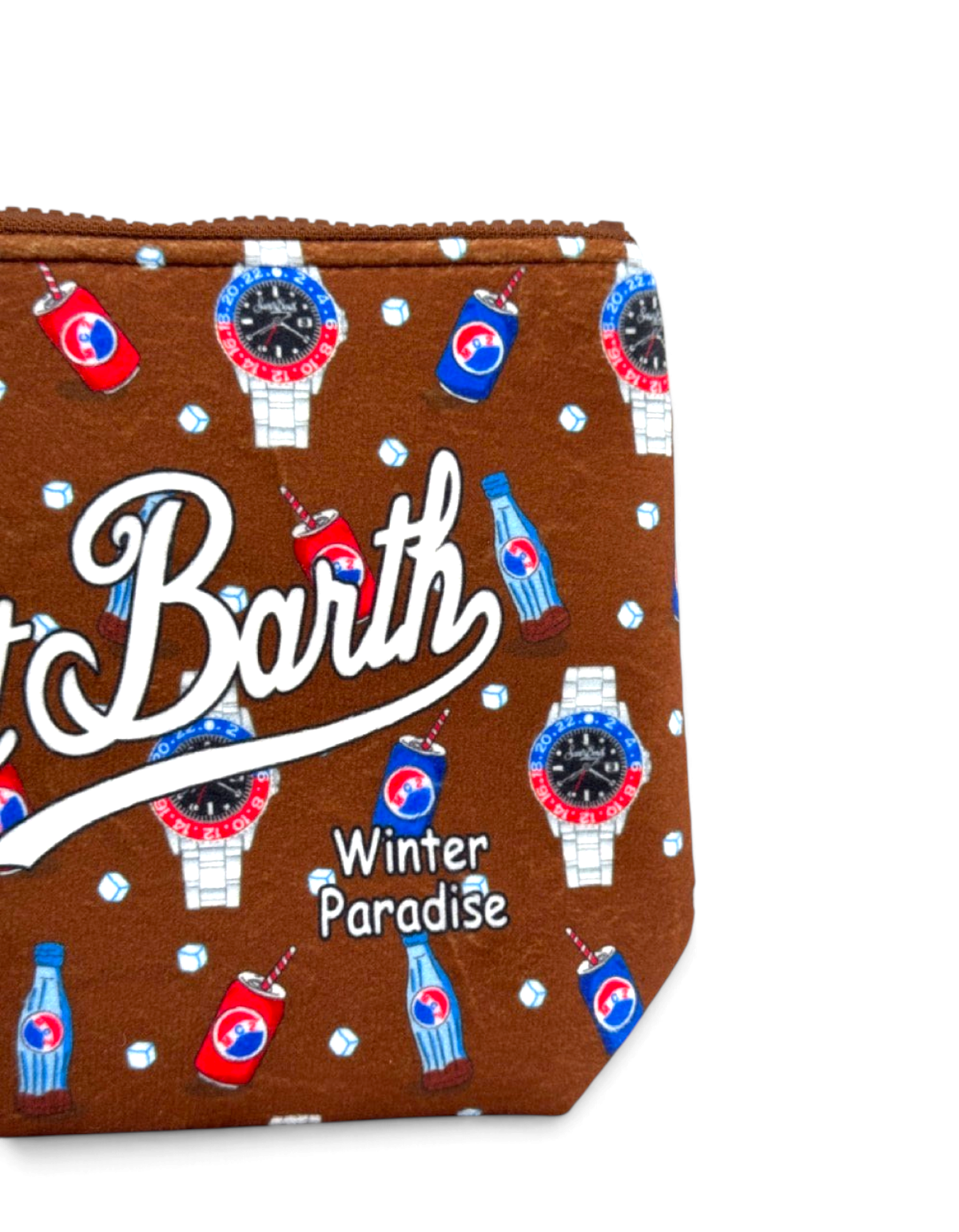Pochette DevidLabel MC2 Saint Barth Aline W marrone con stampa Watch Break 18, chiusura a zip e logo frontale