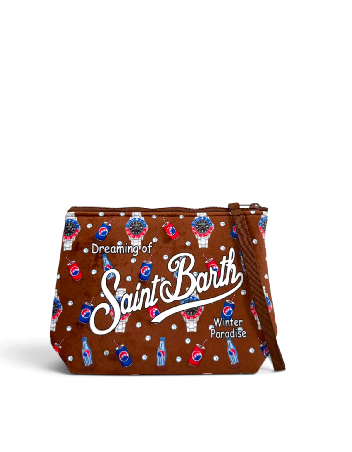Pochette DevidLabel MC2 Saint Barth Aline W marrone con stampa Watch Break 18, chiusura a zip e tirante