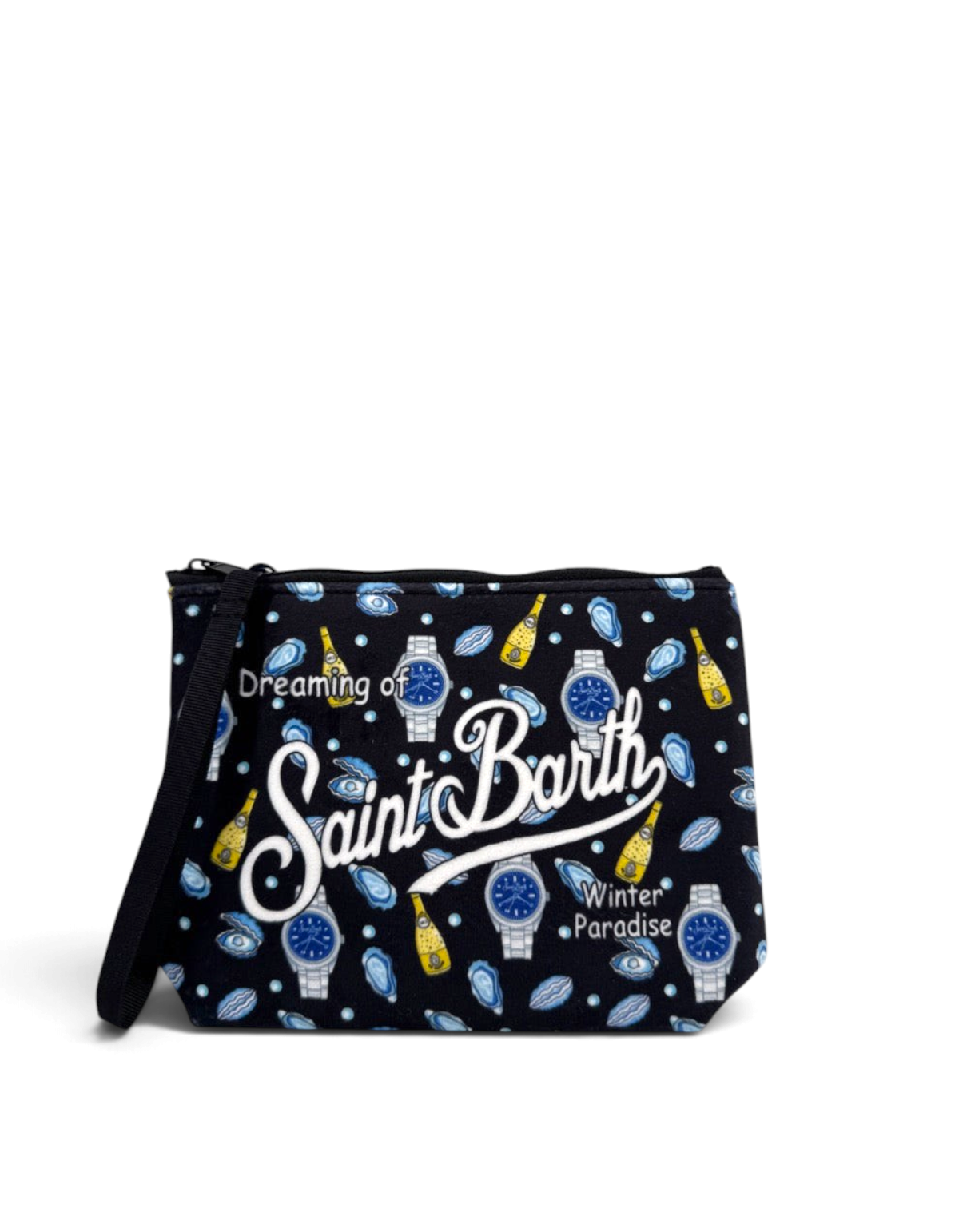 Pochette DevidLabel MC2 Saint Barth Aline W nera con stampa orologi e bottiglie, chiusura zip e cinturino da polso