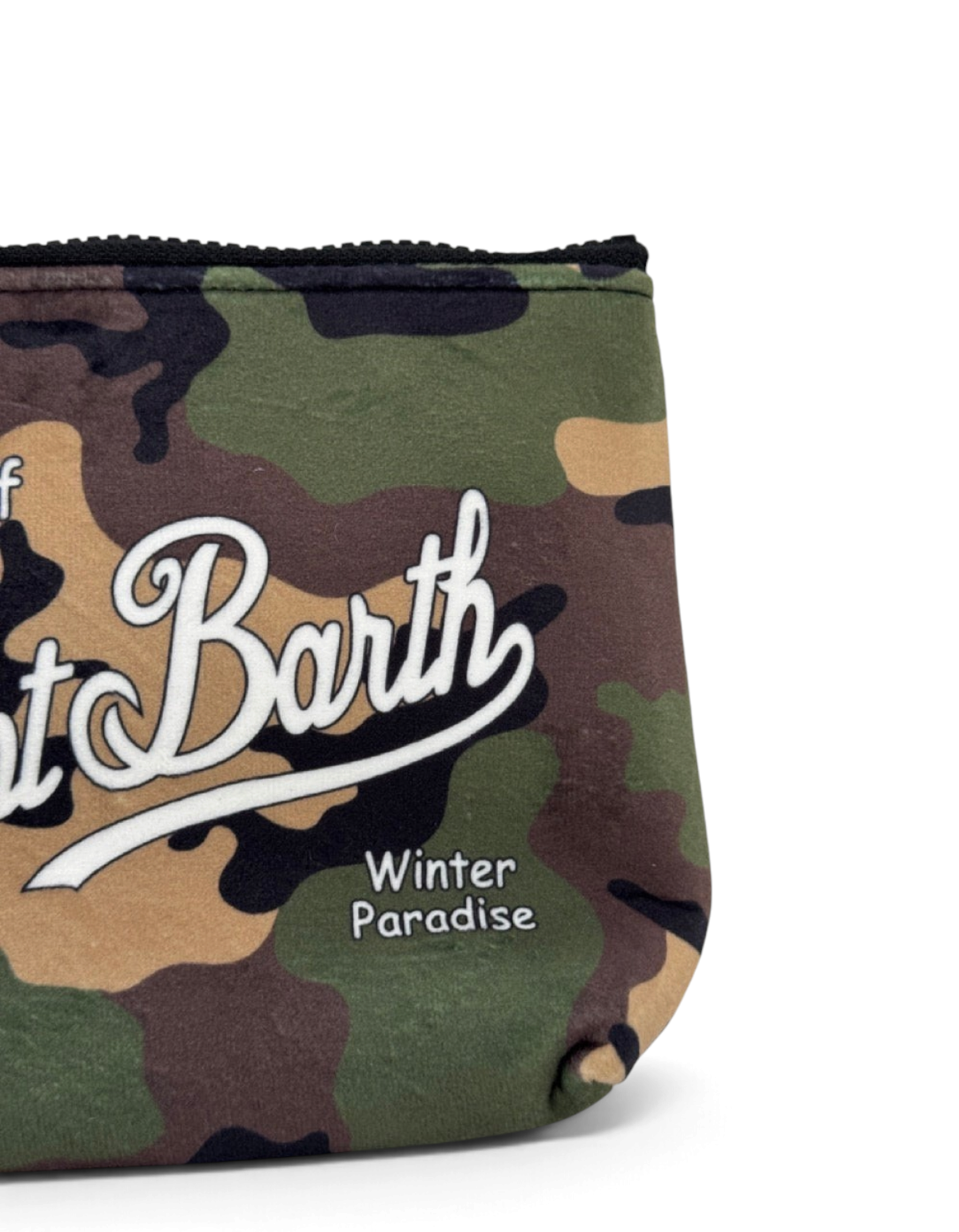 Pochette DevidLabel Aline W con stampa camouflage, logo Saint Barth e scritta Winter Paradise, chiusura con zip nera