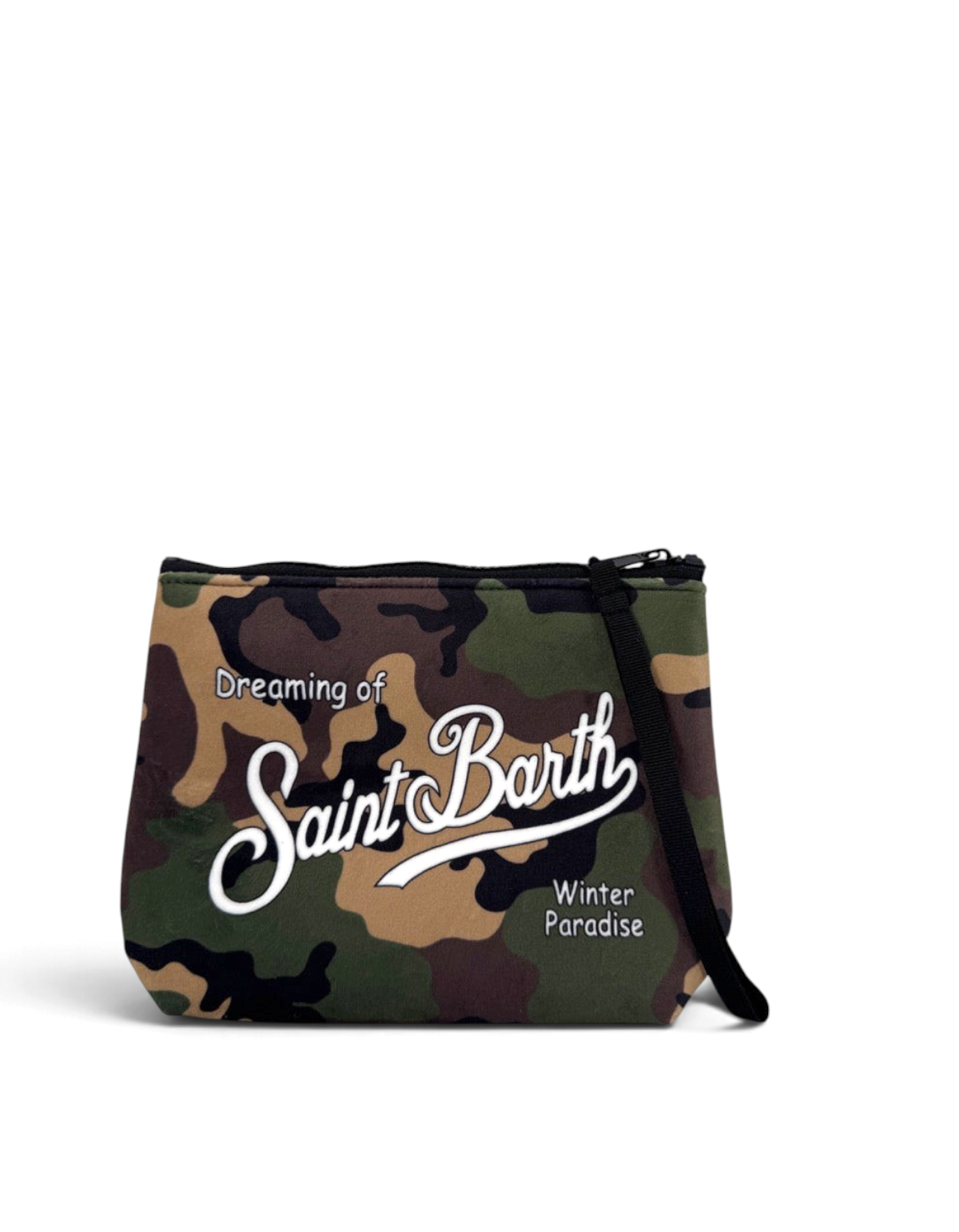 Pochette DevidLabel MC2 Saint Barth Aline W con stampa camouflage, chiusura a zip e logo bianco frontale