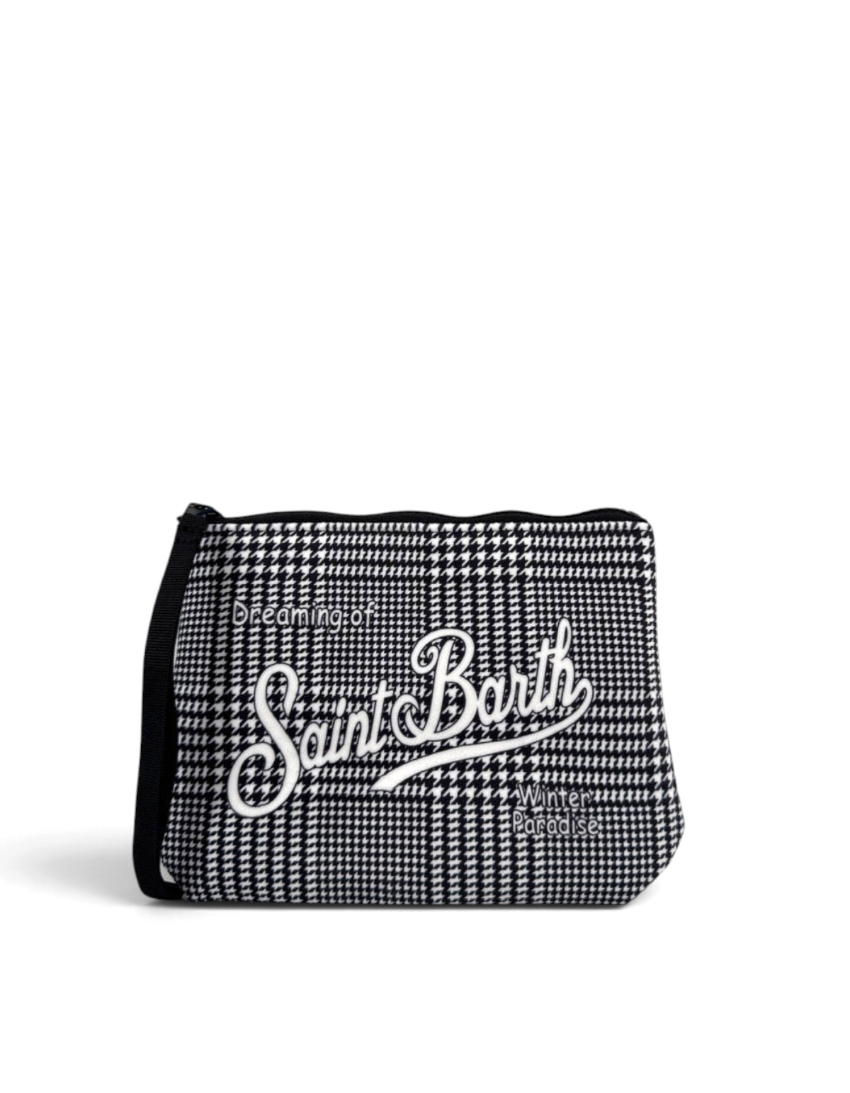 Pochette DevidLabel Aline W con motivo pied-de-poule bianco e nero, logo Saint Barth e chiusura con zip
