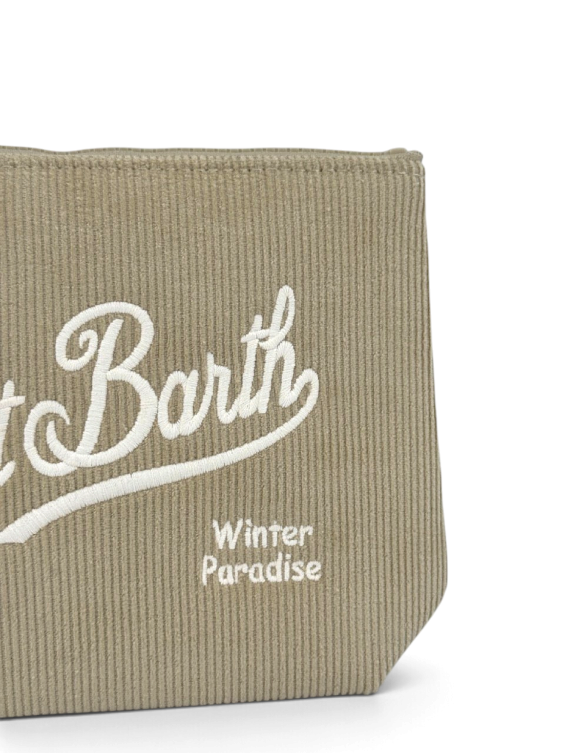 Pochette DevidLabel Aline in velluto a coste beige con ricamo bianco Saint Barth Winter Paradise e chiusura zip