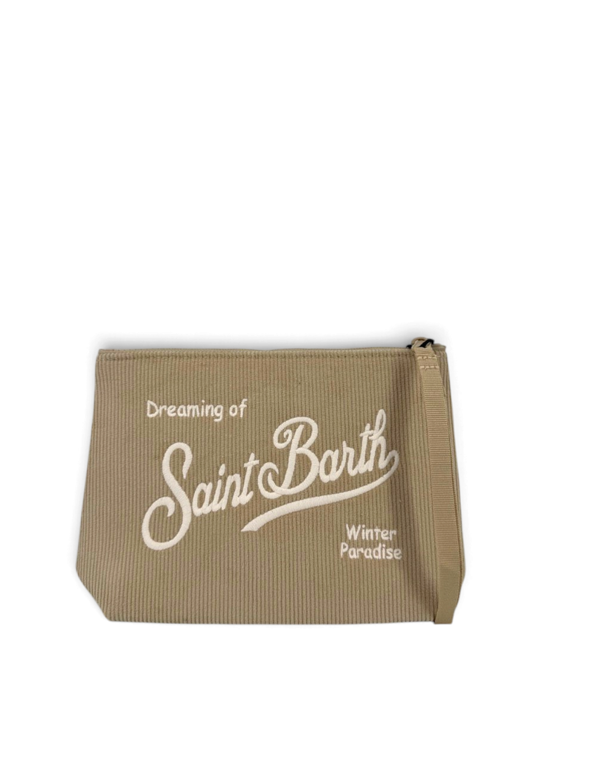 Pochette DevidLabel Aline Corduroy S in velluto a coste beige con ricamo bianco e chiusura a zip