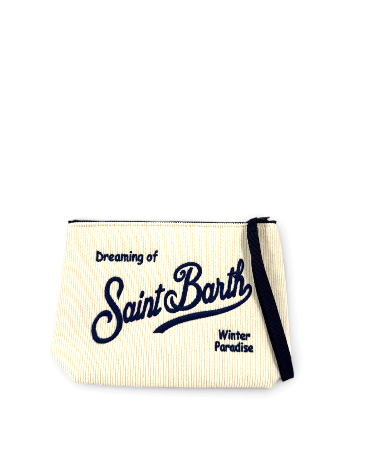 Pochette DevidLabel Aline in velluto a coste color crema con ricamo blu e chiusura a zip