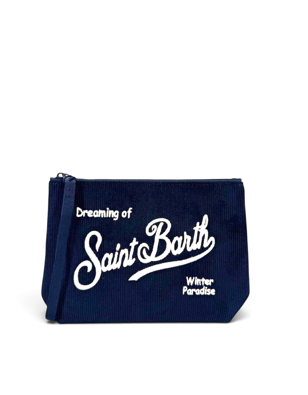 Pochette DevidLabel MC2 Saint Barth Aline in velluto a coste blu con ricamo bianco e chiusura a zip