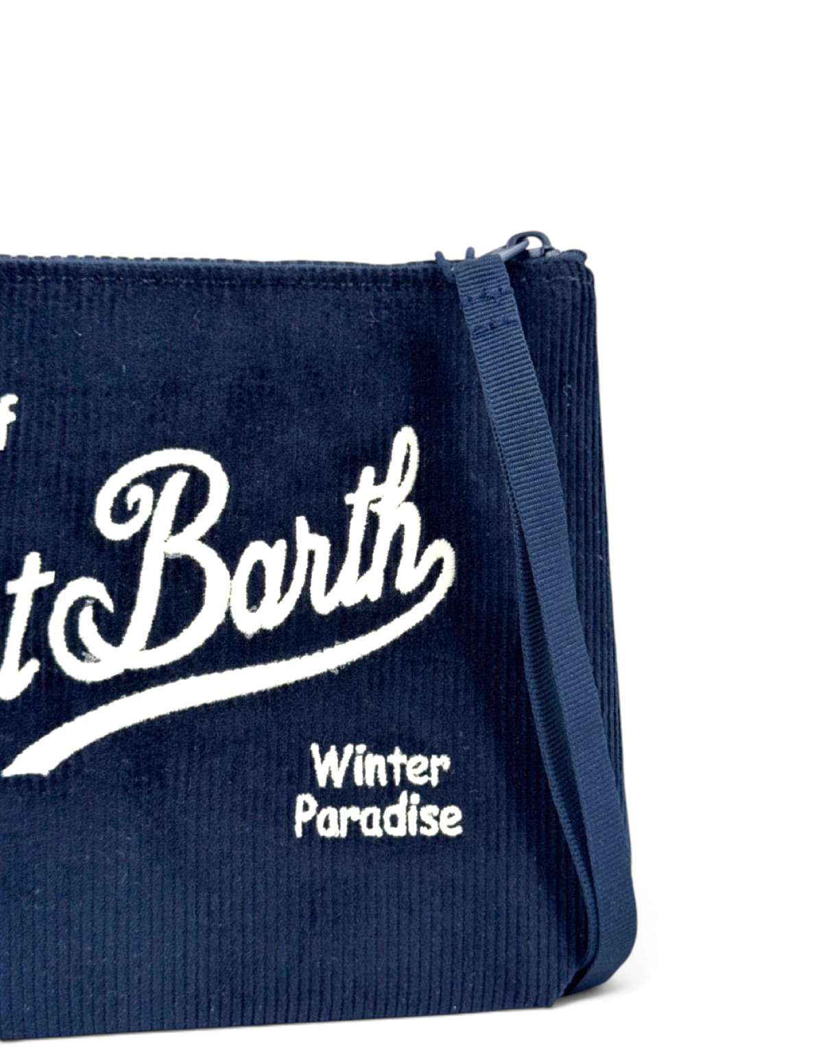 Pochette DevidLabel Aline in velluto a coste blu scuro con logo ricamato bianco e chiusura a zip