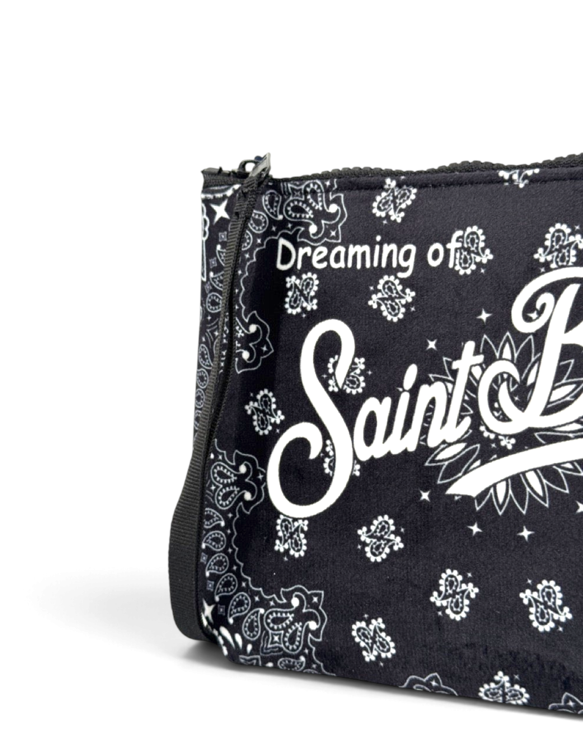 Pochette DevidLabel MC2 Saint Barth Aline W nera con stampa bandana bianca e logo ricamato, chiusura con zip