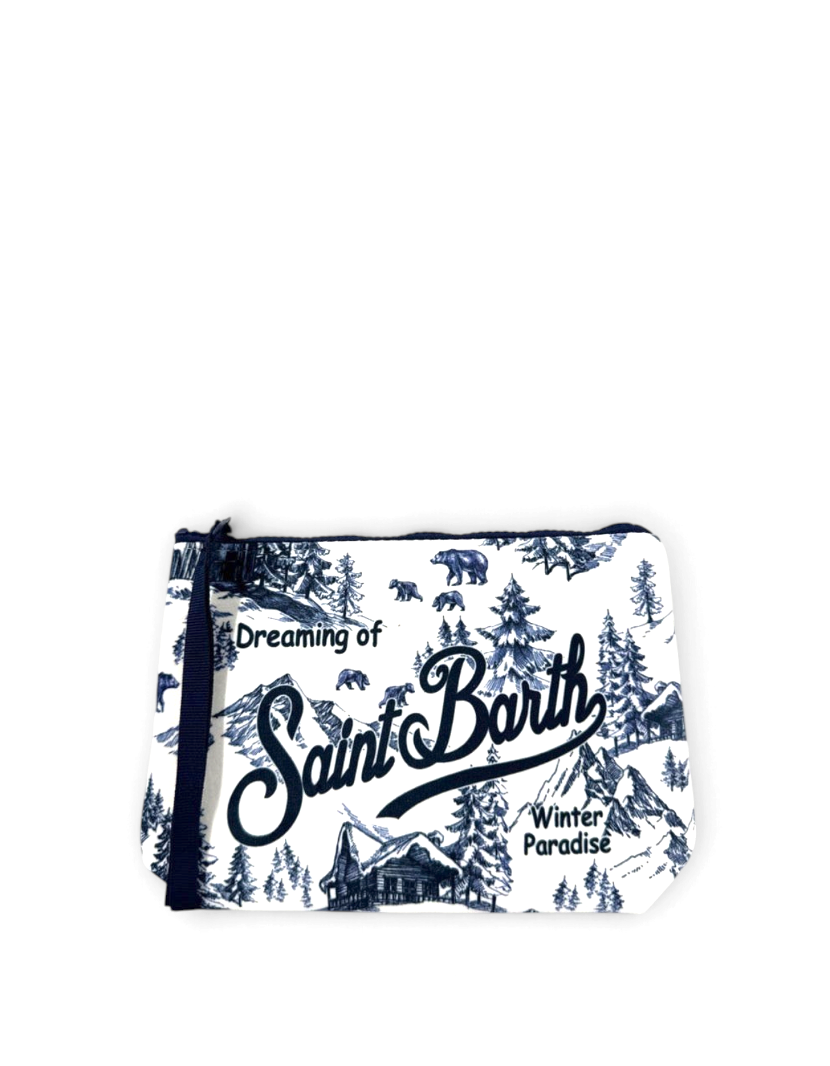 Pochette DevidLabel MC2 Saint Barth Aline W Winterland 01 bianca e blu con stampa paesaggio invernale e logo