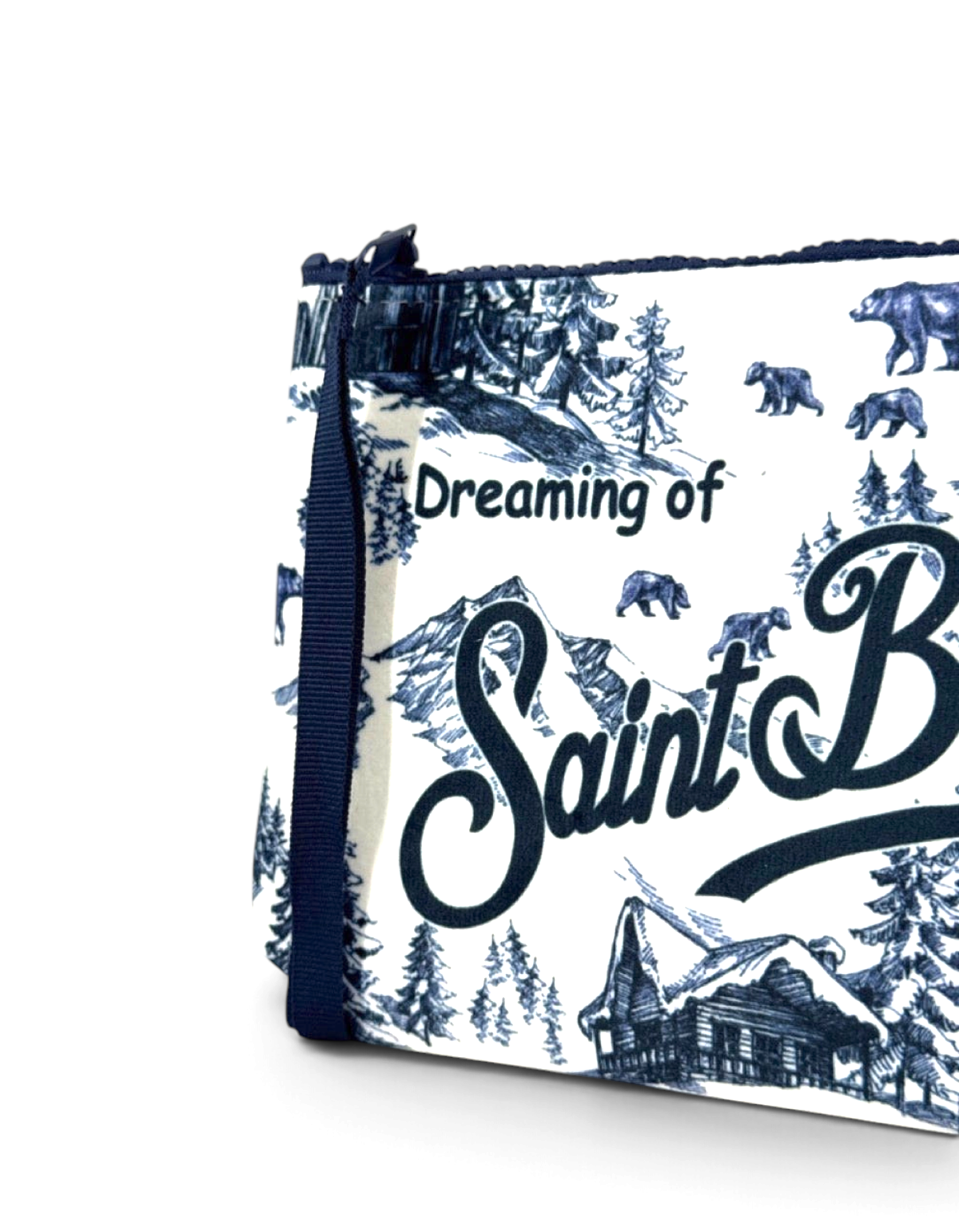 Pochette DevidLabel Aline W Winterland 01 con stampa blu di paesaggio invernale, logo e chiusura a zip