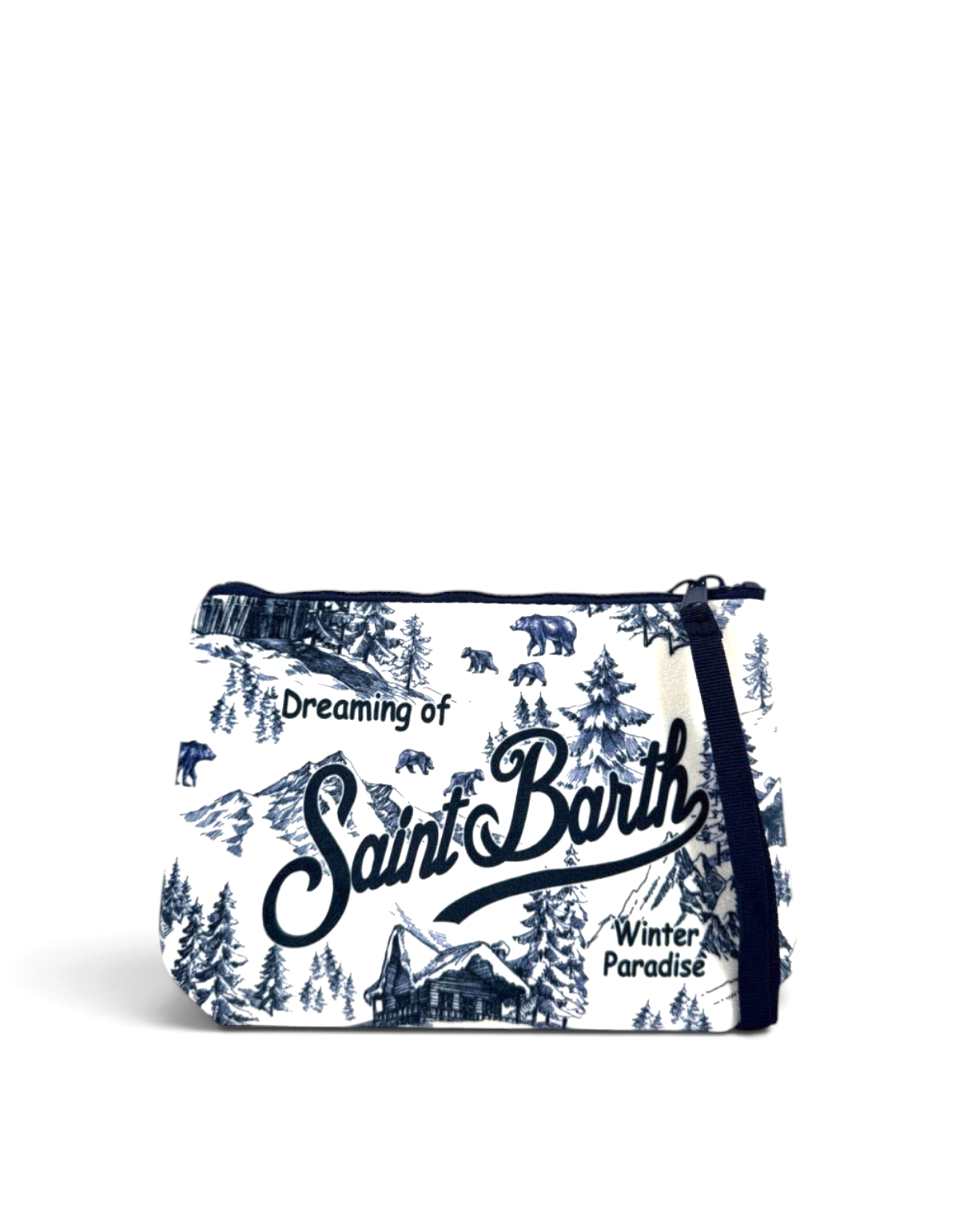 Pochette DevidLabel MC2 Saint Barth Aline W Winterland con stampa paesaggio invernale blu e bianco e chiusura zip