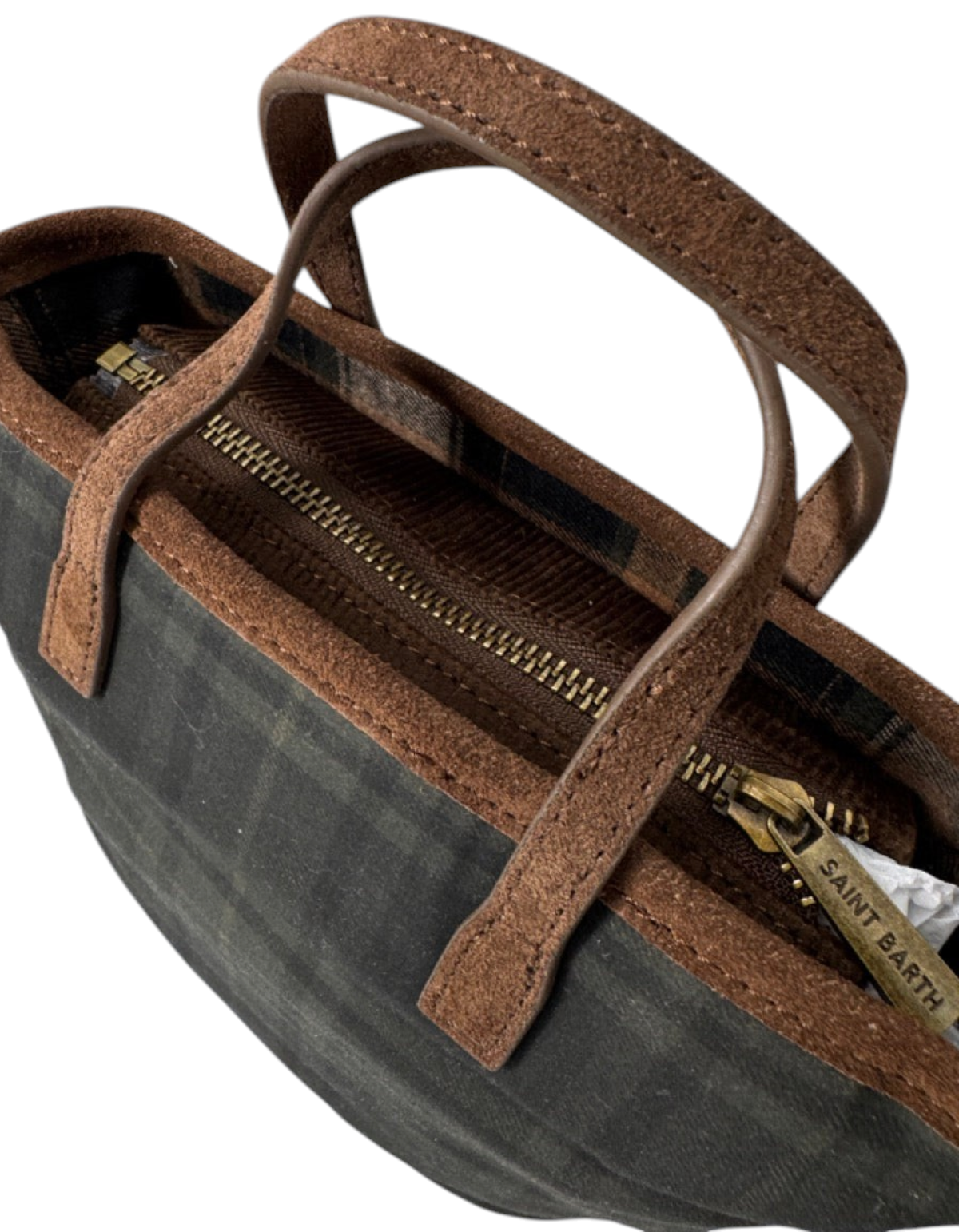 Borsa a spalla DevidLabel MC2 Saint Barth Mini Wax in tessuto tartan scuro con dettagli in camoscio marrone