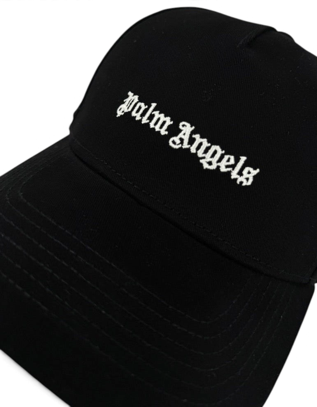 Cappellino DevidLabel Palm Angels nero in cotone con logo bianco ricamato sul davanti, stile streetwear unisex.