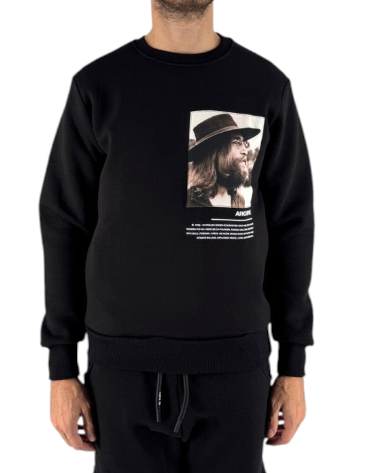 Felpa girocollo nera Ko Samui in misto cotone con stampa grafica di John Lennon sul petto, vestibilità regular.
