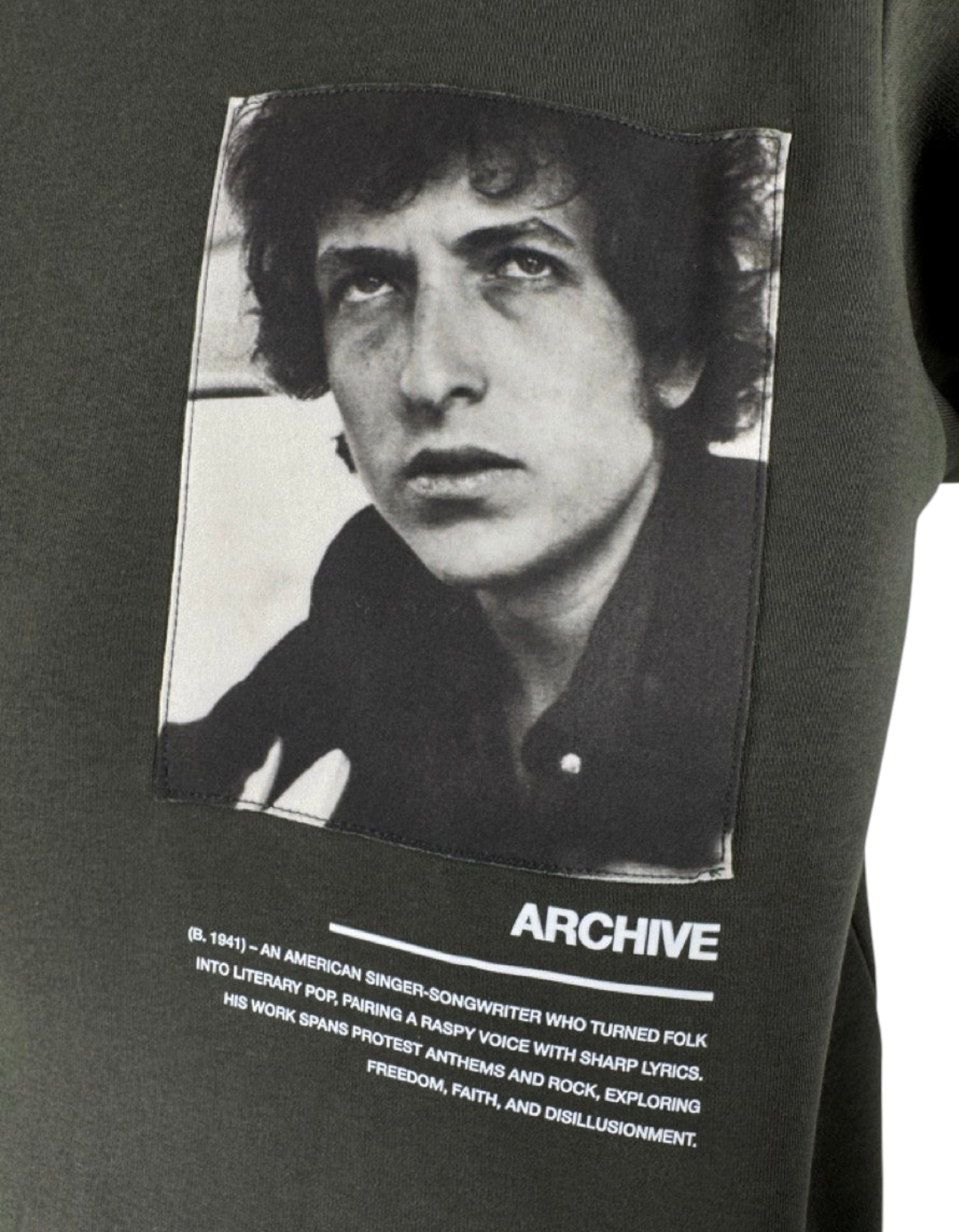 Felpa girocollo Ko Samui color militare in misto cotone con stampa fotografica di Bob Dylan e testo descrittivo
