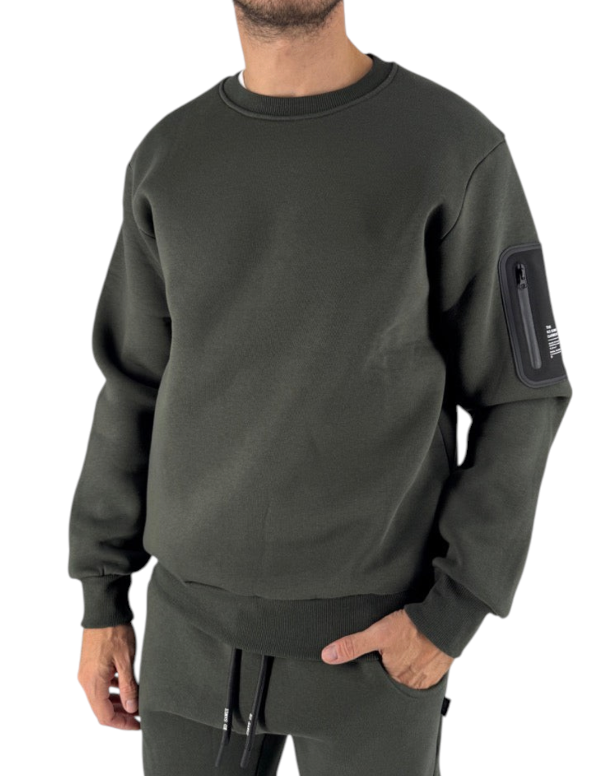 Felpa girocollo Ko Samui Repocket in misto cotone color militare con tasca tecnica sulla manica, vestibilità regular