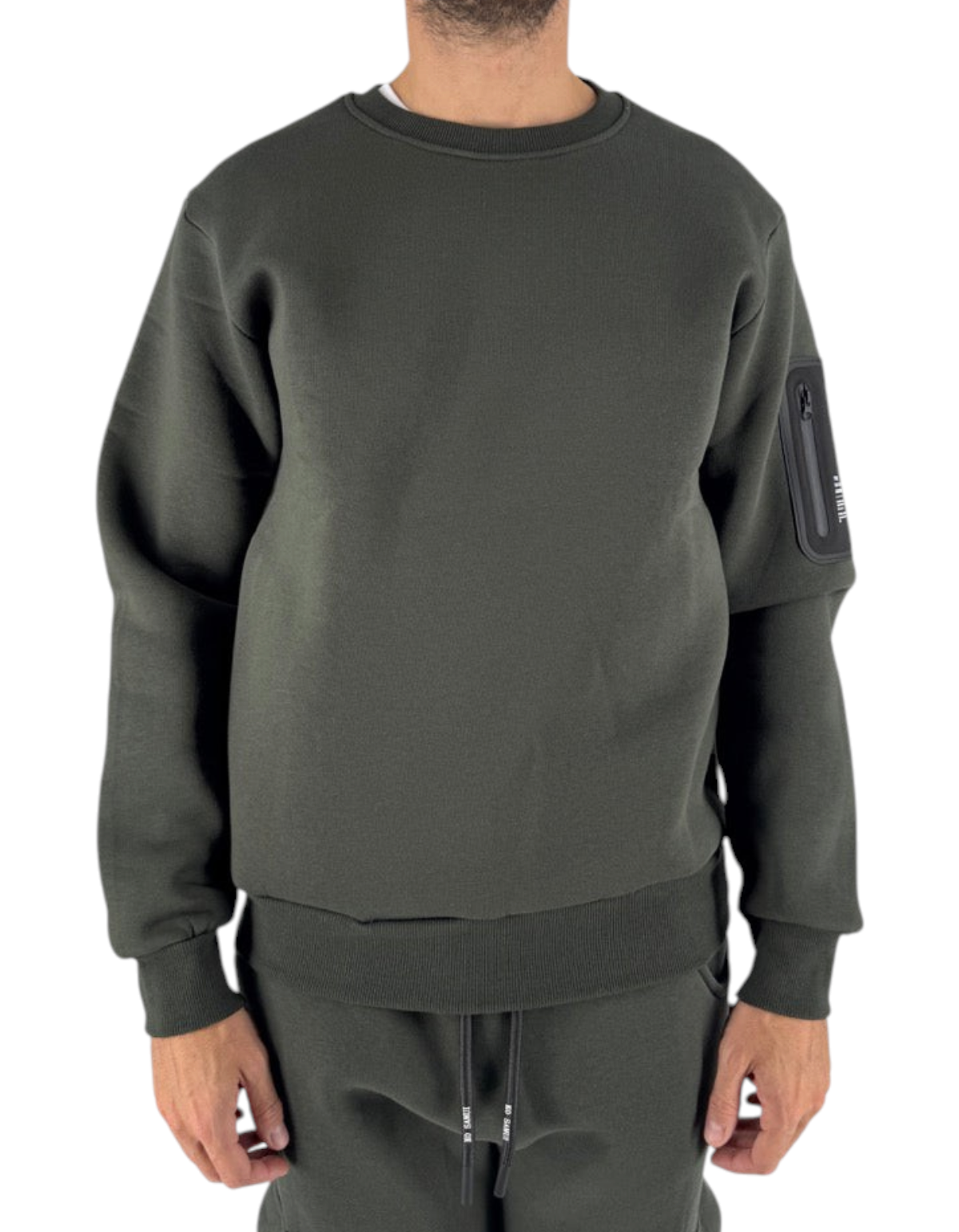 Felpa girocollo Ko Samui Repocket in misto cotone color militare con tasca funzionale sulla manica, vestibilità regular