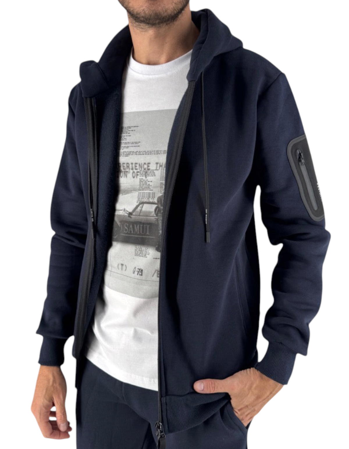 Felpa full zip Ko Samui blu navy in misto cotone con cappuccio e tasca tecnica sulla manica