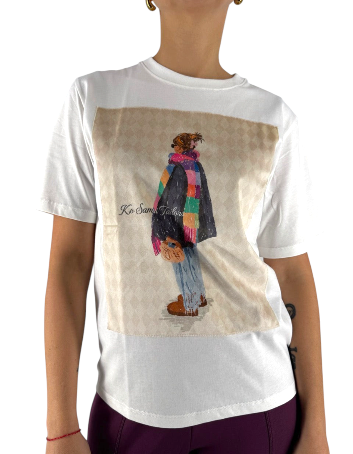 T-shirt Ko Samui color crema in cotone con grafica effetto velluto e vestibilità over fit