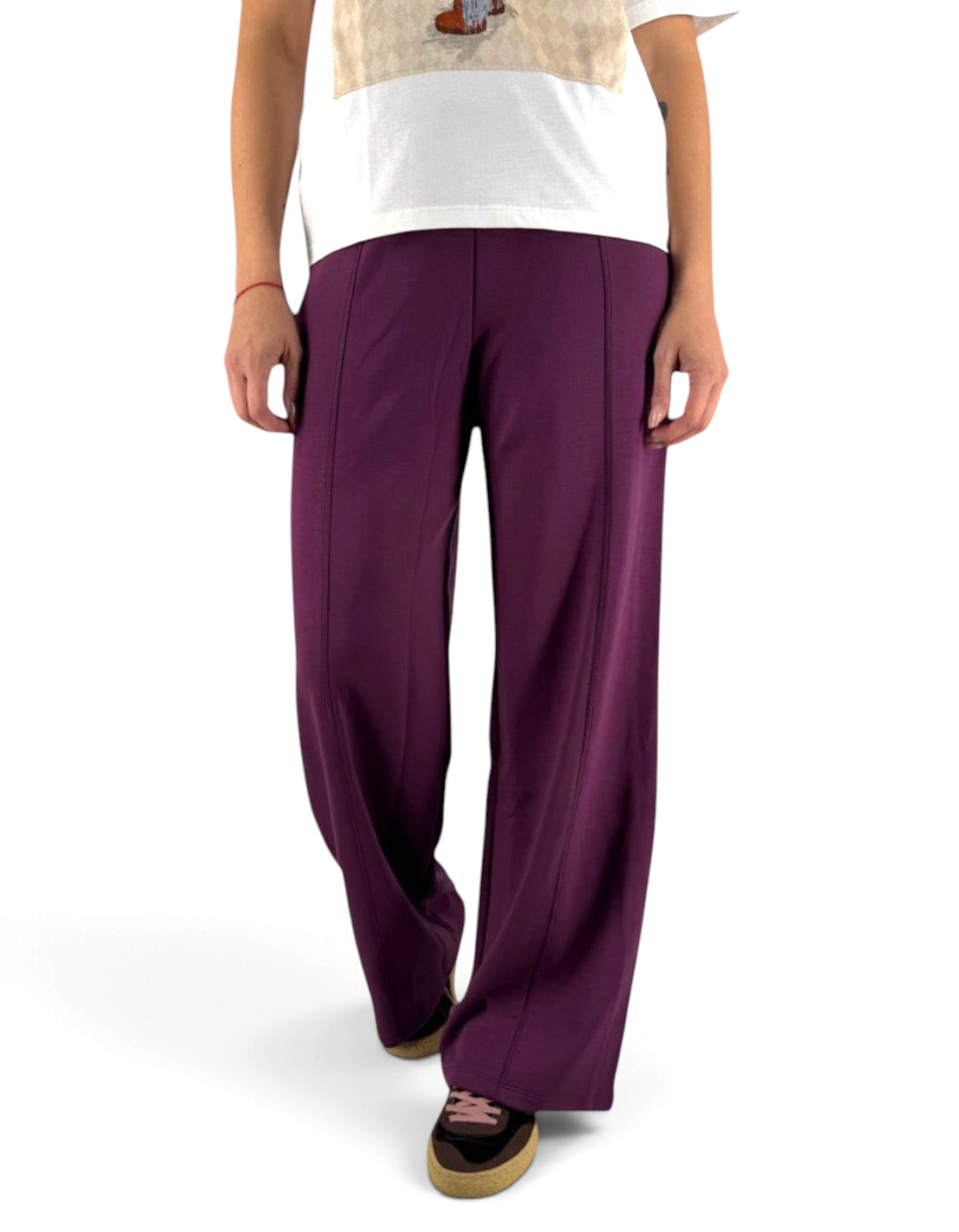 Pantaloni loose fit Ko Samui color grape in misto viscosa elasticizzato con cuciture centrali verticali
