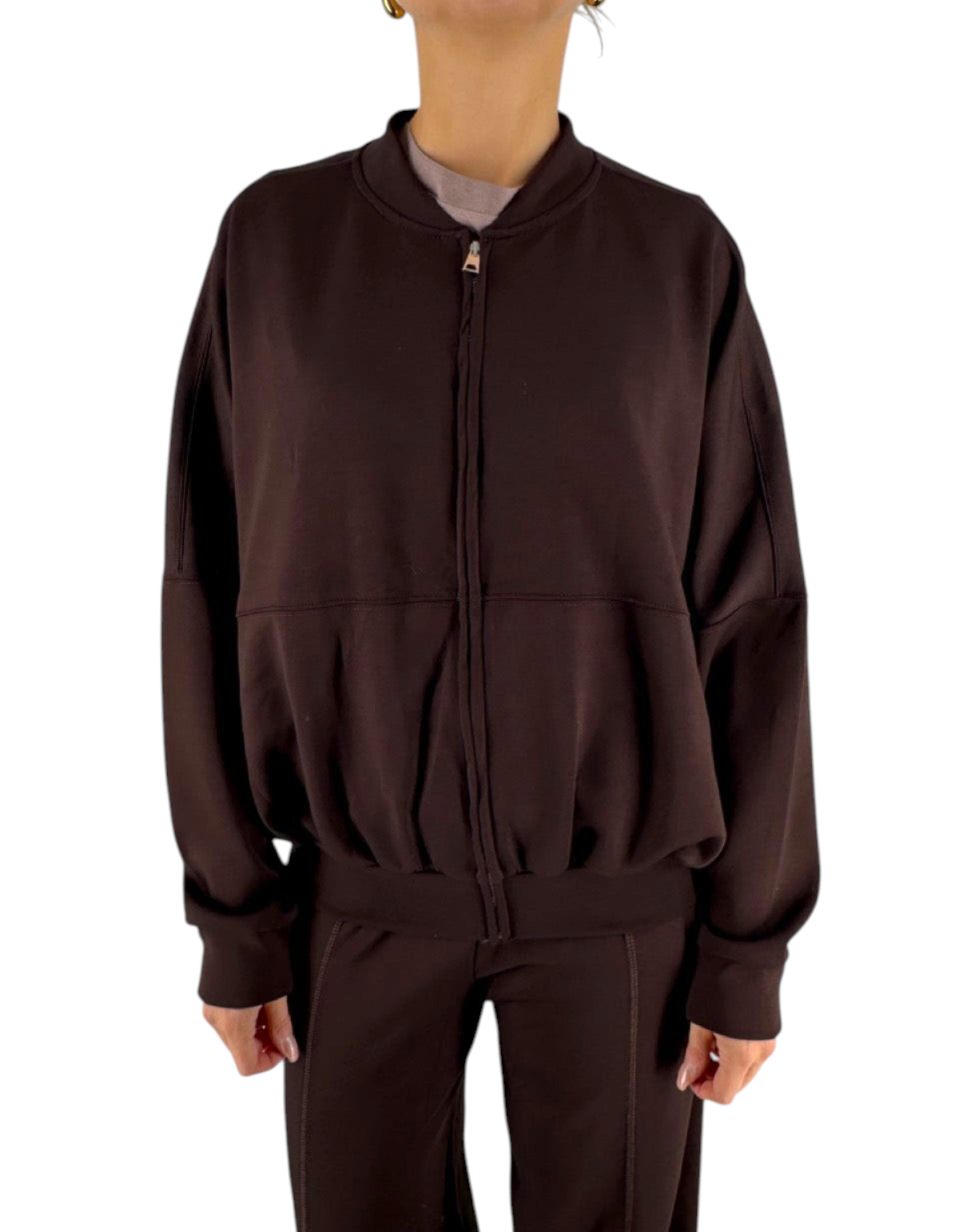 Felpa Ko Samui marrone con zip, modello balloon fit in misto viscosa elasticizzato, stile casual contemporaneo