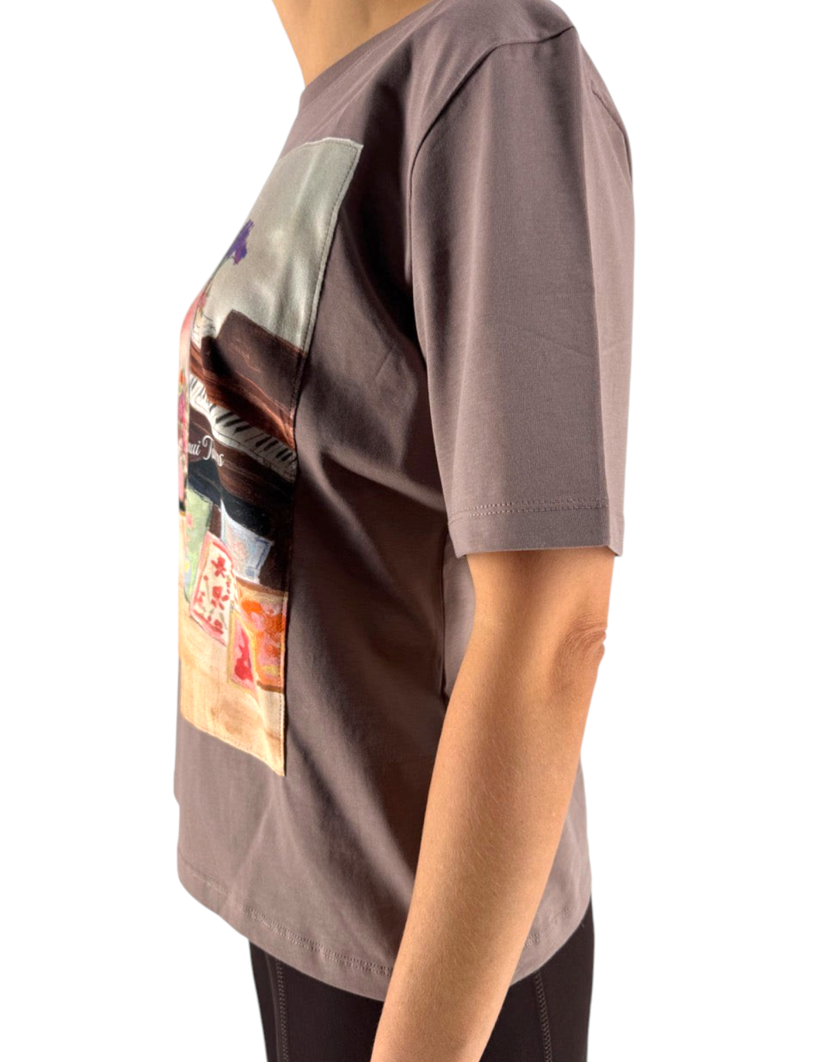 T-shirt over fit Ko Samui color tortora in cotone con stampa grafica effetto velluto, vista laterale