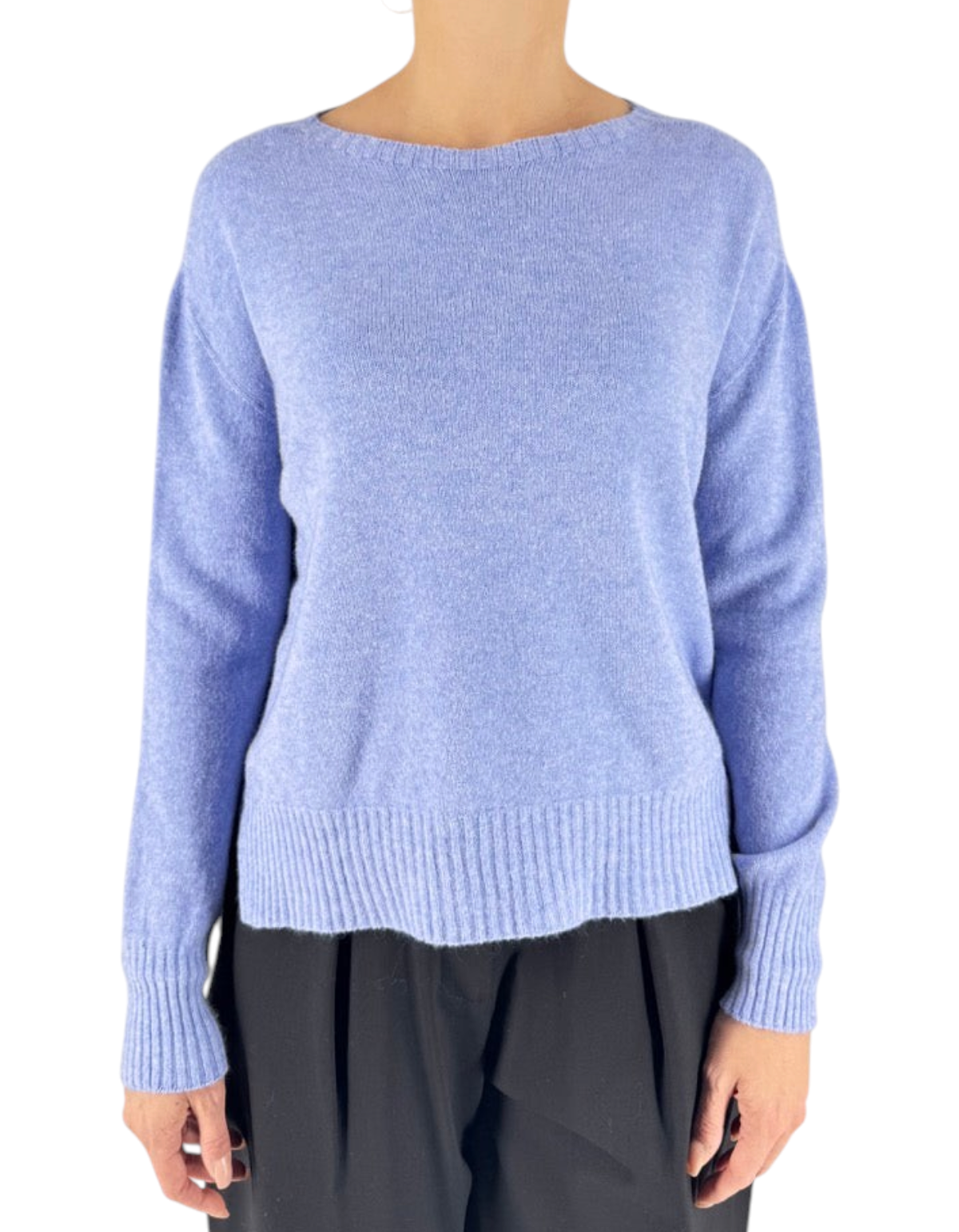 Maglione Manila Grace viola con scollo a barca, maniche lunghe e finiture a costine in misto viscosa