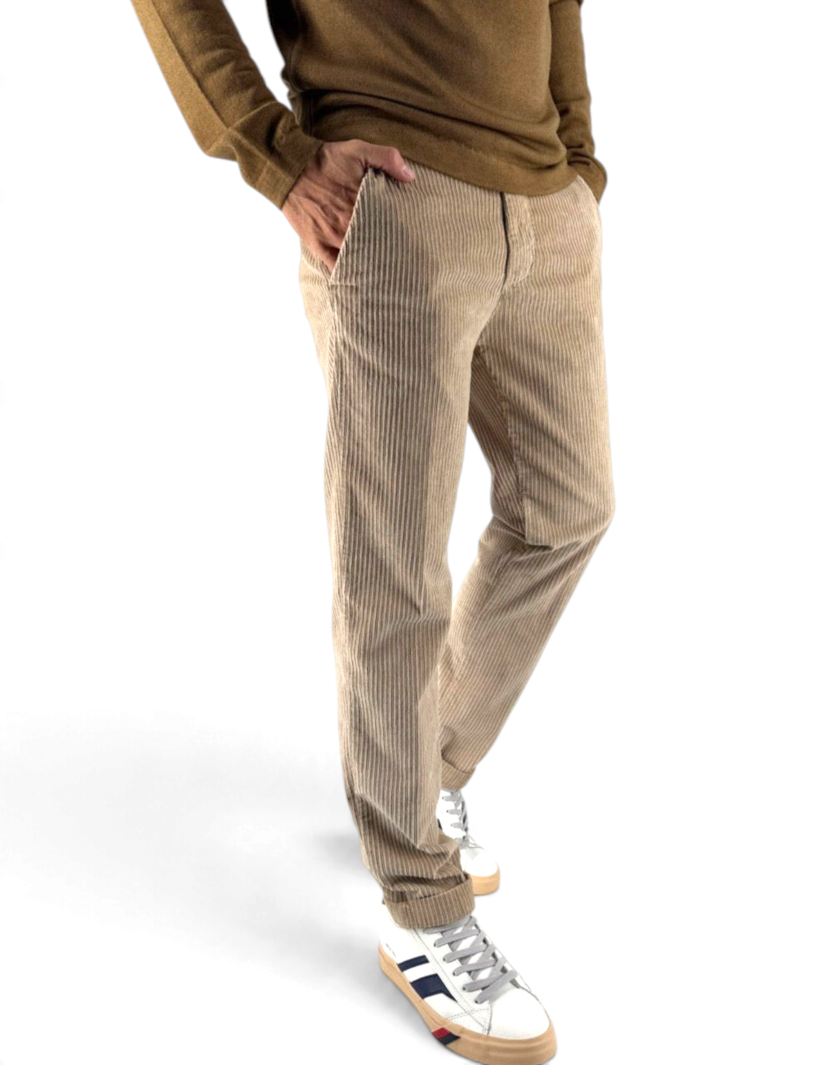 Pantalone uomo DevidLabel Richmond in velluto rocciatore beige con vestibilità regular slim e dettagli sartoriali