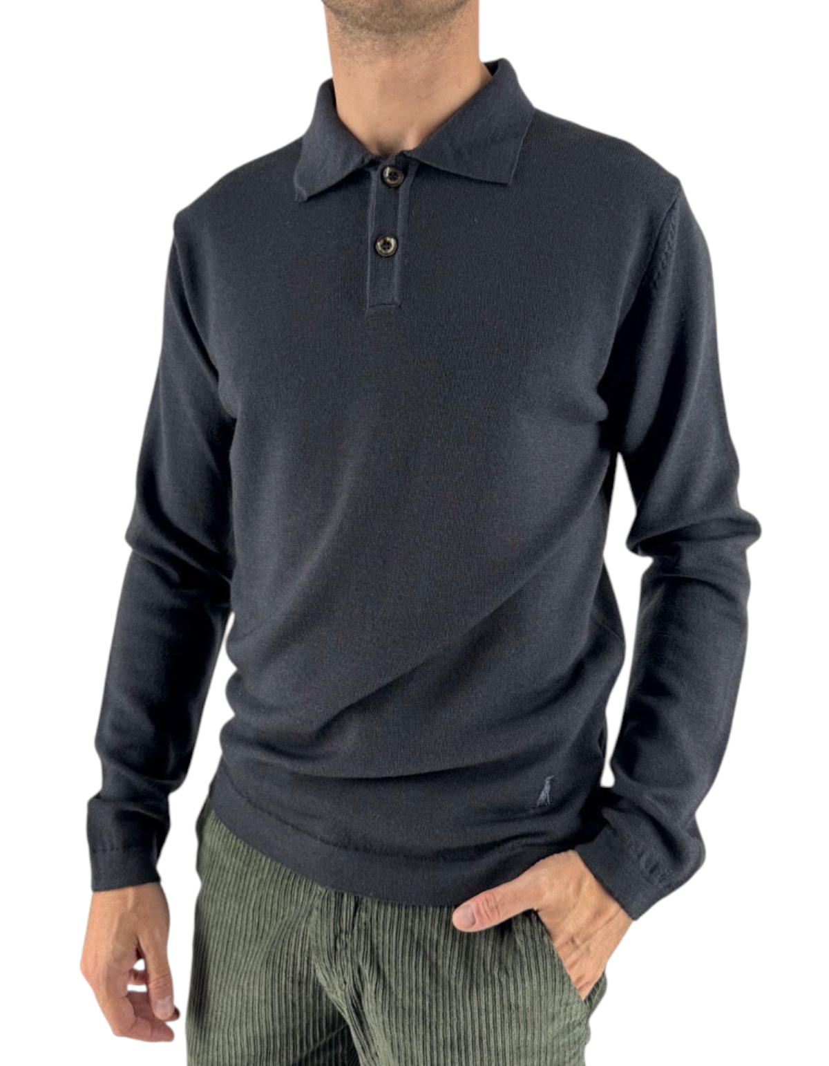 Polo in maglia DevidLabel Reykjavik color piombo in 100% lana Merinos con chiusura a due bottoni e maniche lunghe