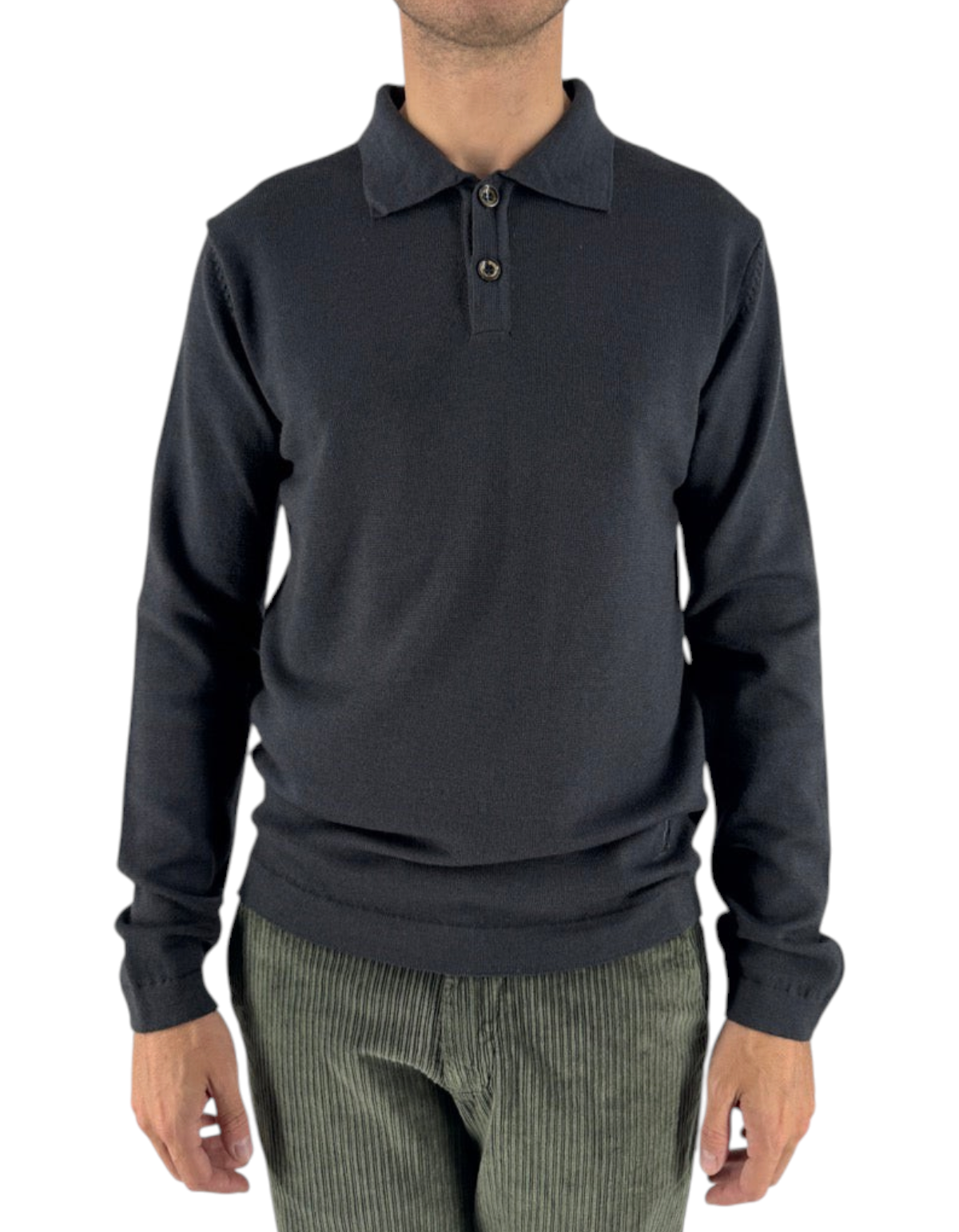 Polo in maglia DevidLabel Reykjavik color piombo in 100% lana Merinos a manica lunga con chiusura a due bottoni