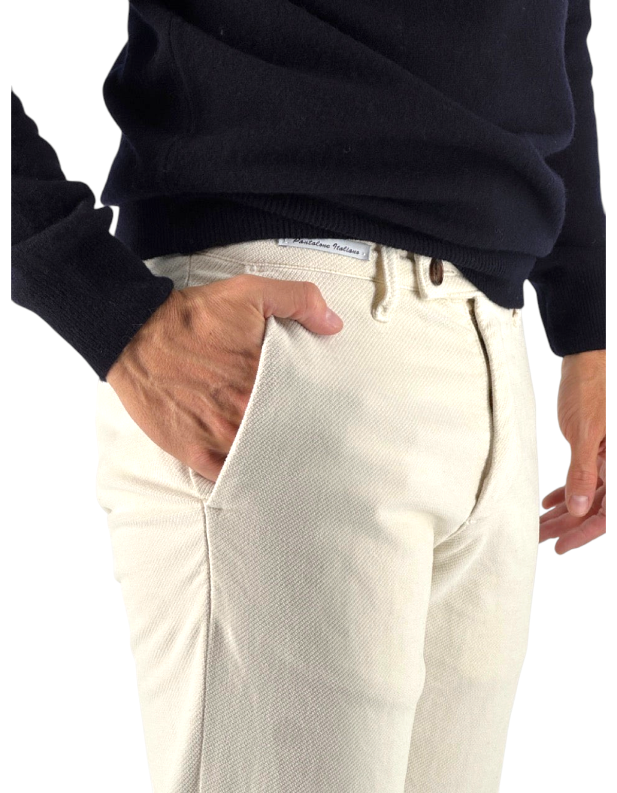 Pantalone Chester gesso in velluto diagonale Made in Italy, dettaglio del tessuto
