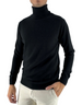 Modello indossa maglia a collo alto nera DevidLabel in misto lana e cashmere, design essenziale Made in Italy