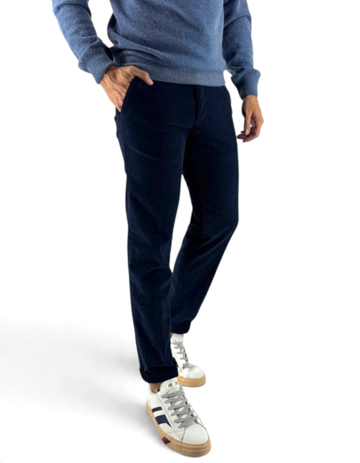 Devid Label Chester, pantalone uomo in velluto diagonale blu, slim fit