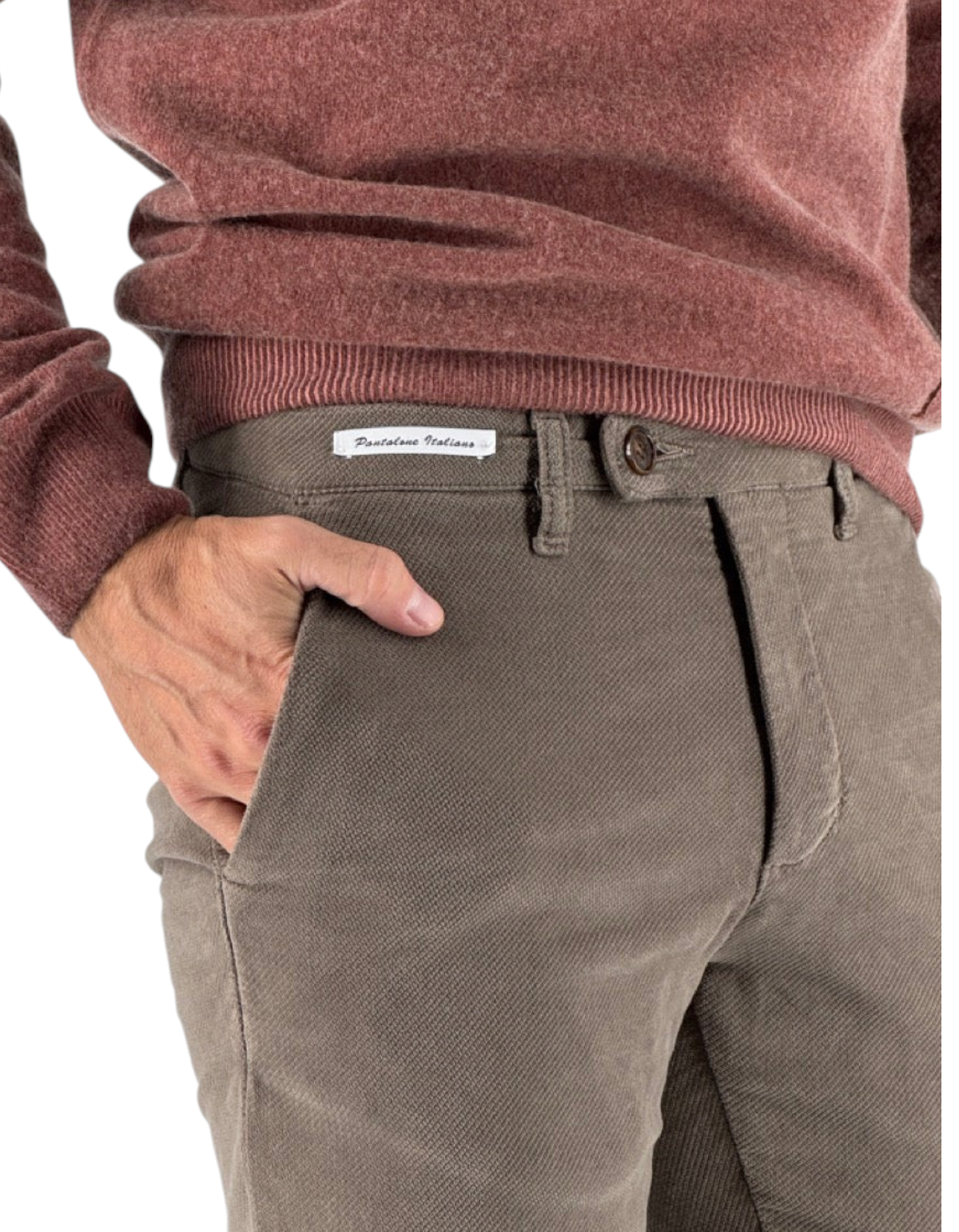 Pantalone Chester fango in velluto diagonale Made in Italy, dettaglio del tessuto