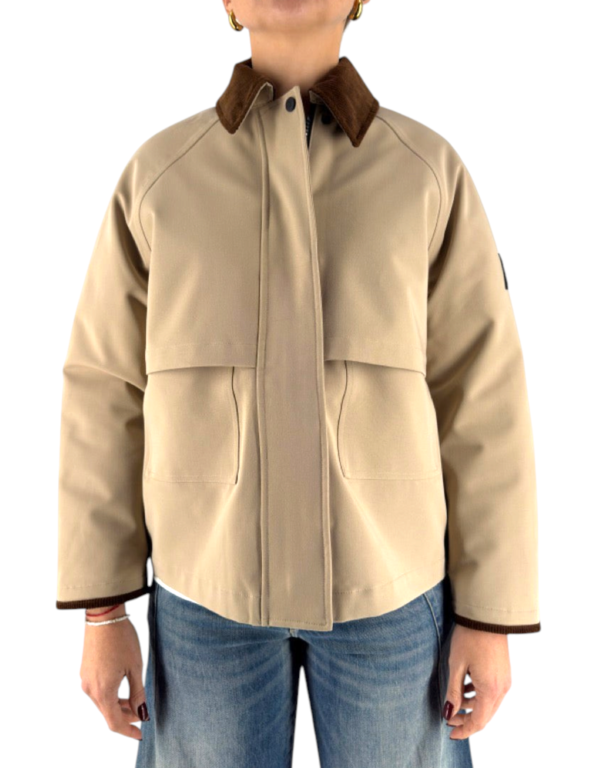 Montereggi – Giubbotto Amaris Biscotto color beige con colletto a contrasto marrone e chiusura frontale coperta