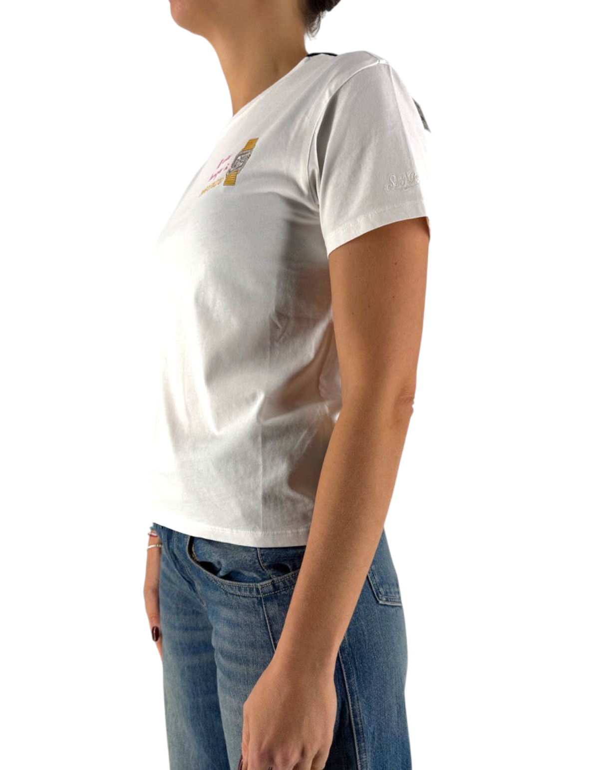 T-shirt bianca in cotone DevidLabel modello Emilie W con decorazione in strass sul petto vista laterale