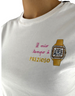 T-shirt bianca in cotone DevidLabel modello Emilie W con ricamo orologio e scritta Tempo Prezioso decorata a strass