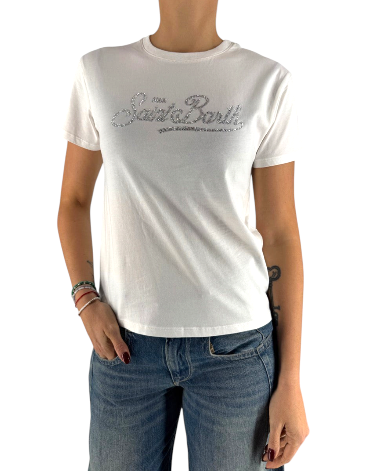 T-shirt bianca in cotone DevidLabel modello Emilie W con logo Saint Barth decorato in strass luminosi