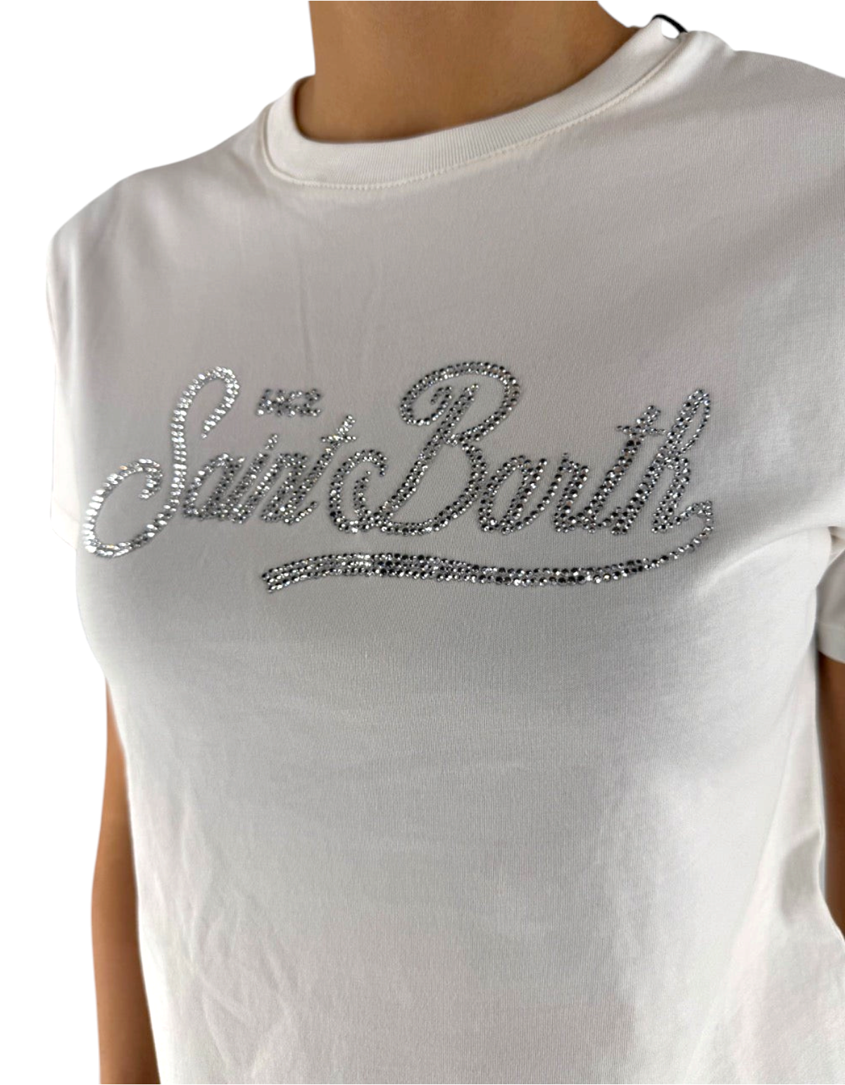 T-shirt bianca in cotone DevidLabel modello Emilie W con logo Saint Barth in strass scintillanti sul petto