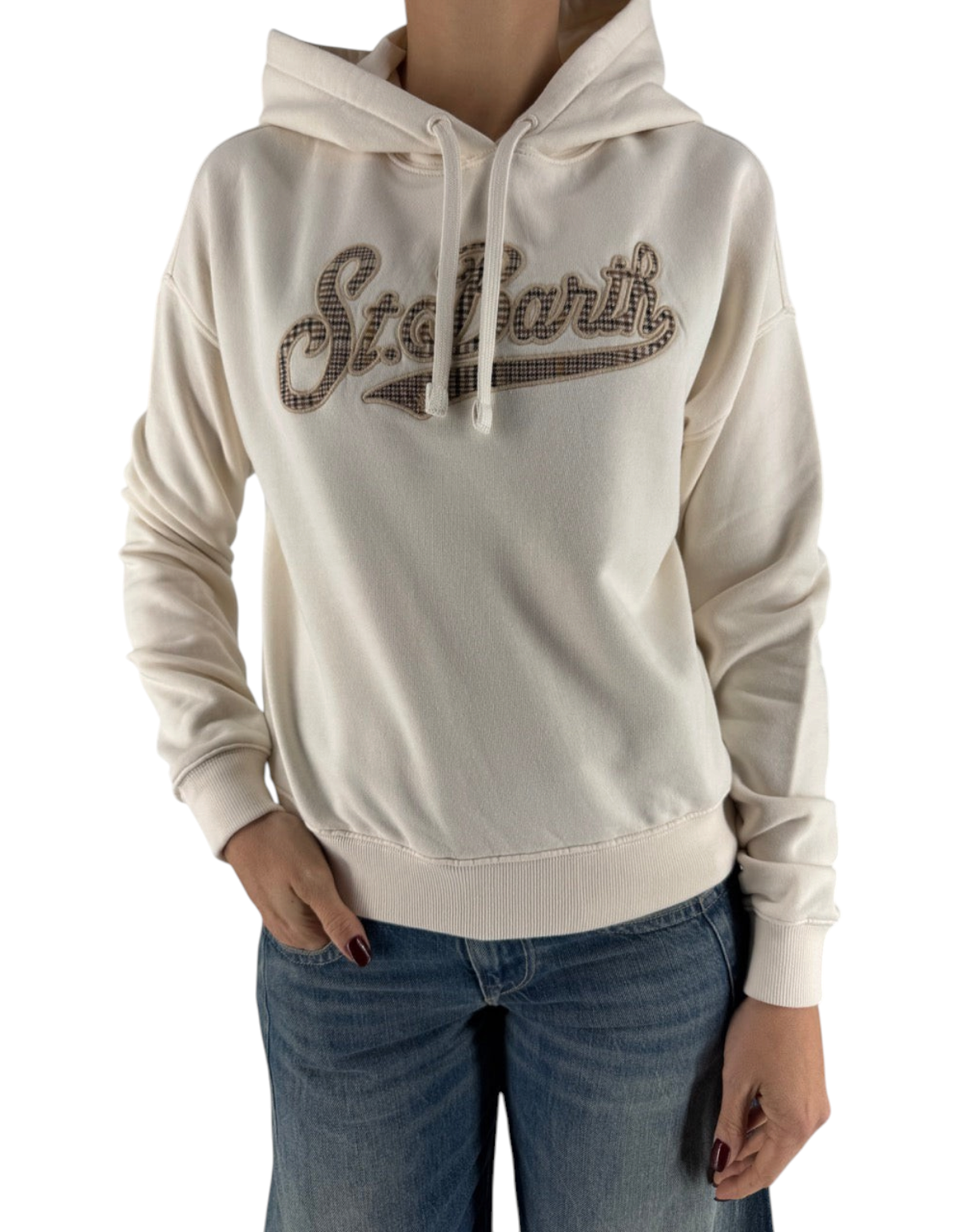 Felpa con cappuccio DevidLabel Mindy W in cotone color crema con logo St.Barth ricamato in fantasia tartan