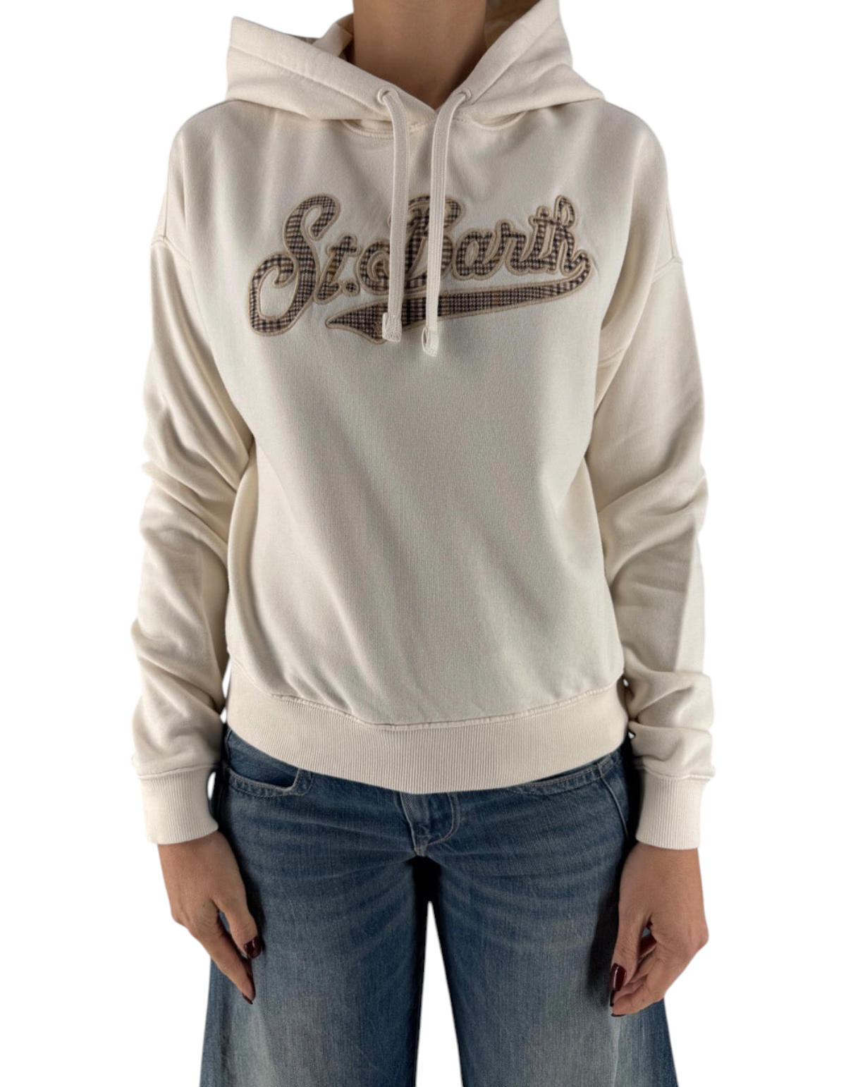 Felpa con cappuccio DevidLabel Mindy W in cotone color crema con logo ricamato a motivo tartan sul petto