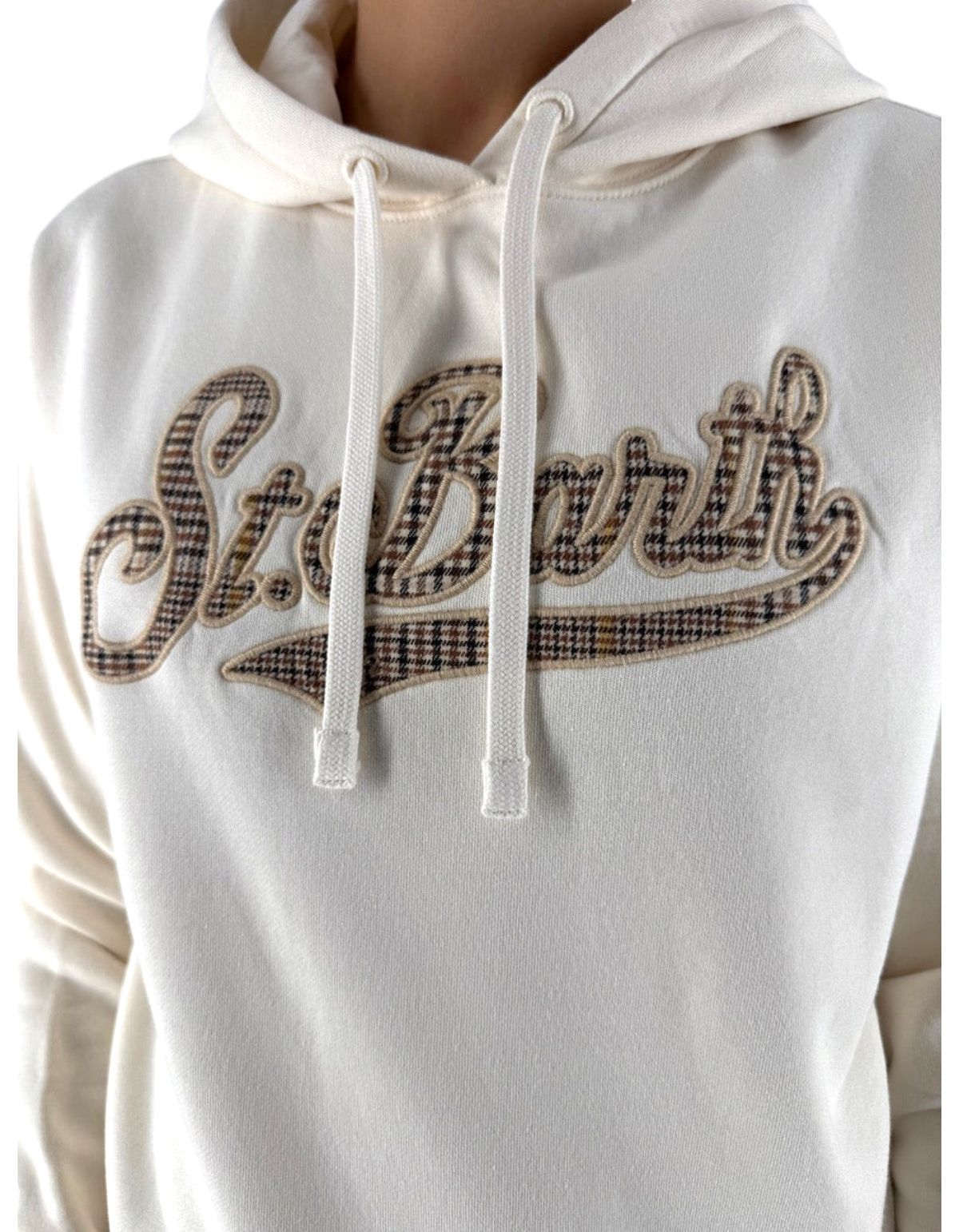 Felpa DevidLabel Mindy W color crema in cotone con logo St. Barth ricamato in fantasia tartan marrone
